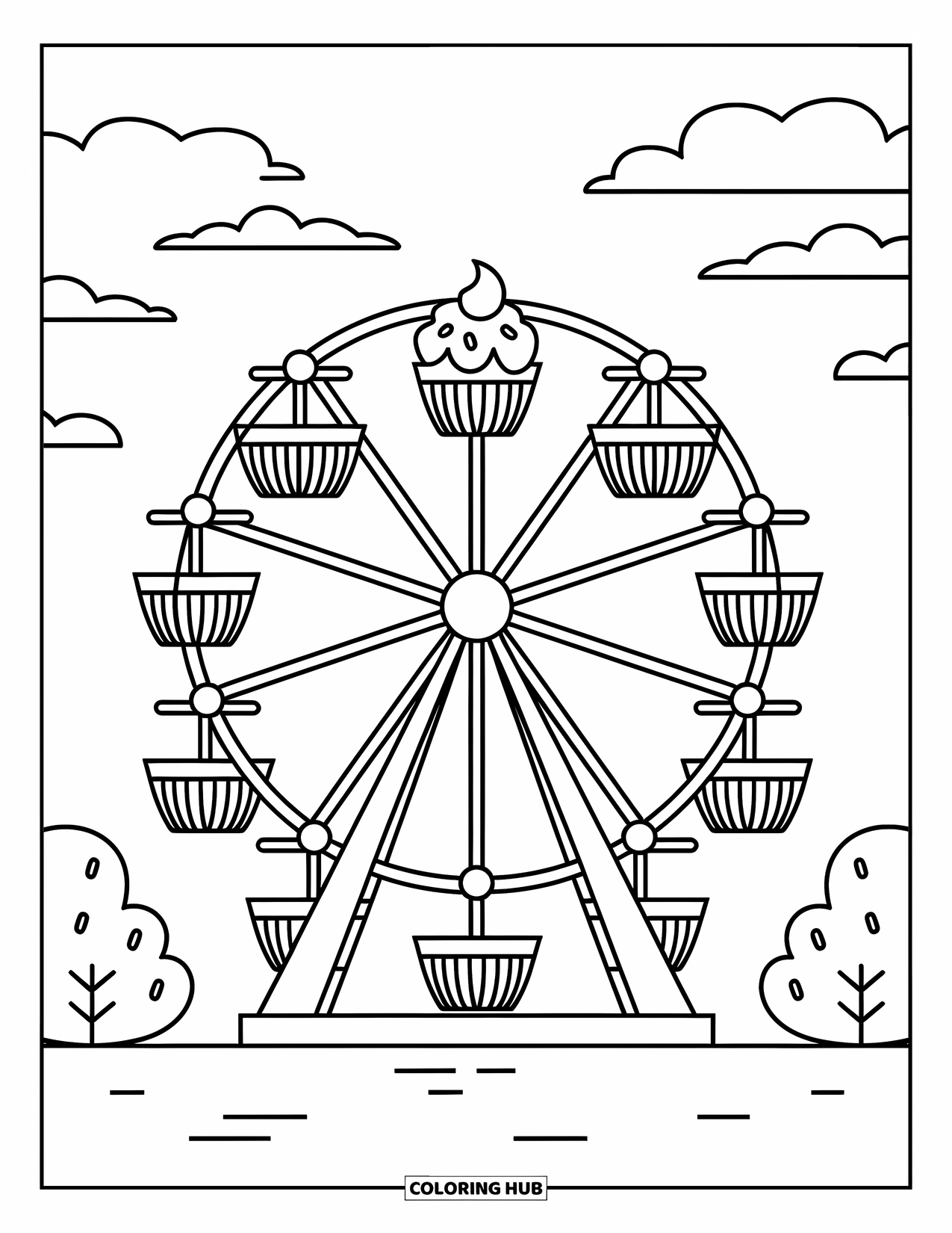 Cupcake Ausmalbild für Kinder: Ein Cupcake, der mit anderen Desserts auf einem Riesenrad fährt