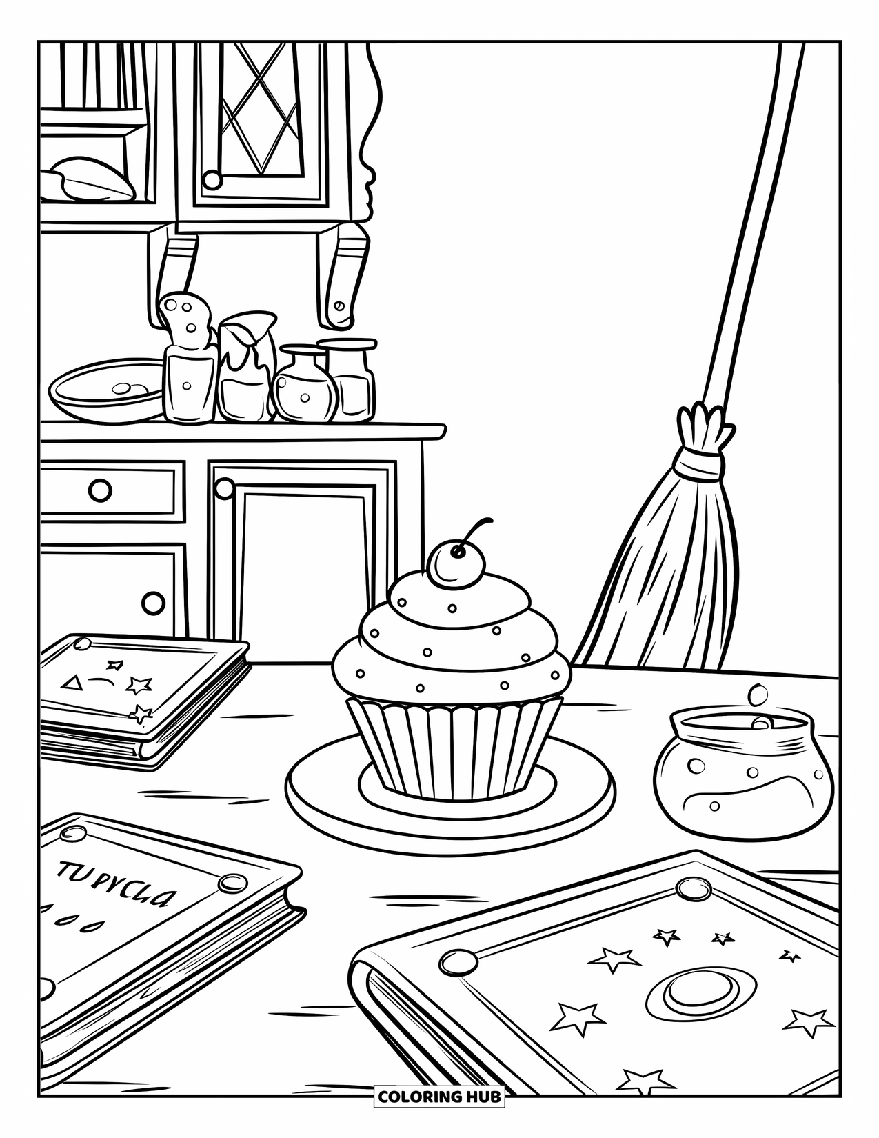 Cupcake Ausmalbild für Kinder: Ein Cupcake sitzt in der Küche einer Hexe mit Zauberbüchern und Tränken