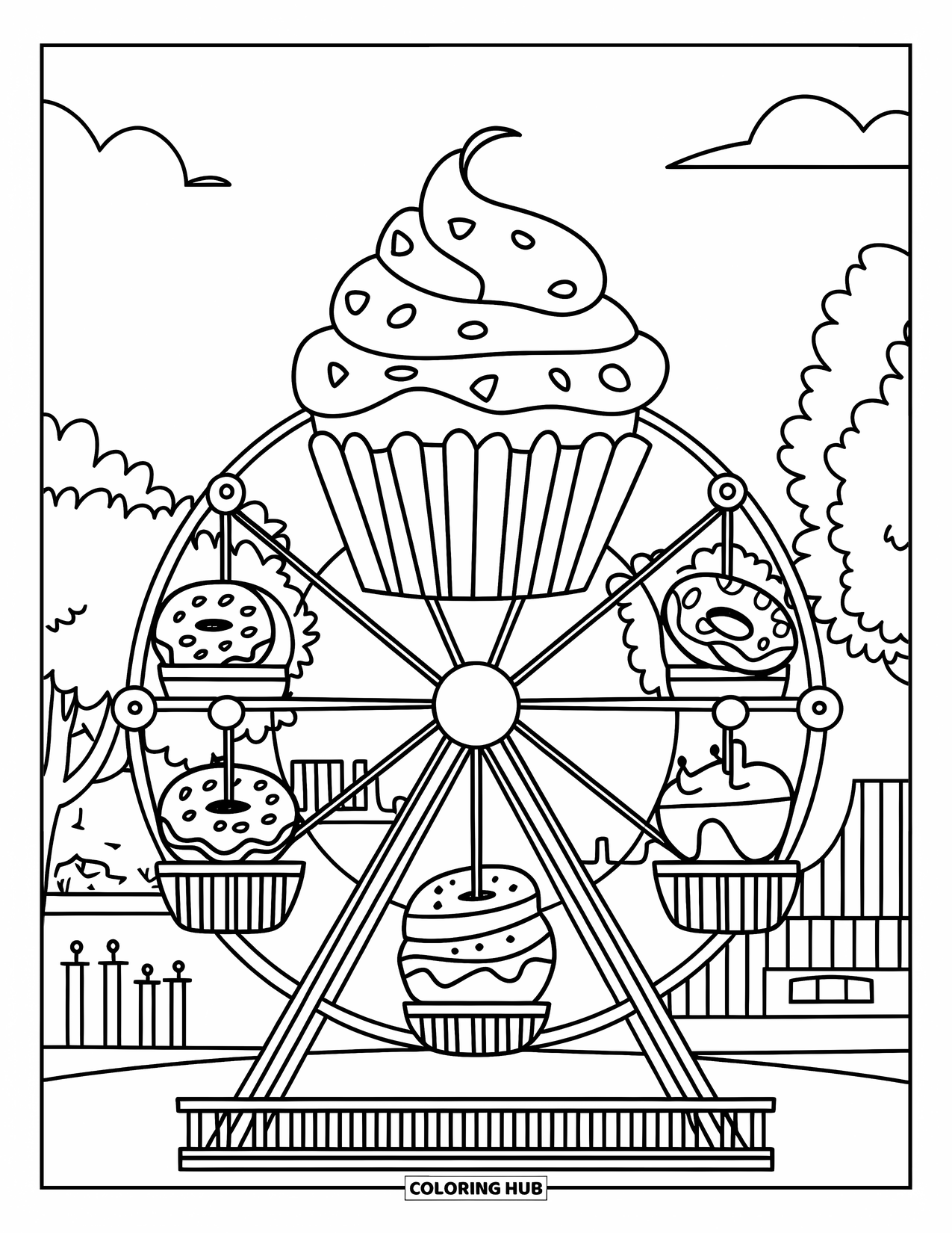 Cupcake Ausmalbild für Kinder: Ein Cupcake sitzt auf einem Riesenrad mit Keksen und Donuts