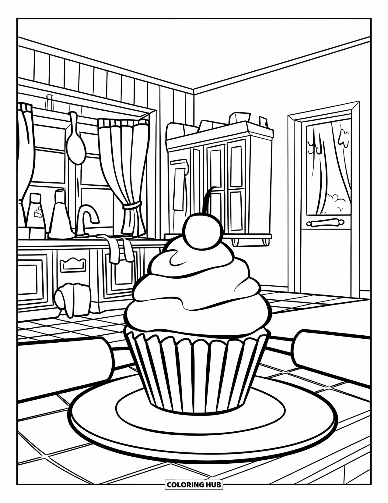 Cupcake Ausmalbild für Kinder: Ein Cupcake sitzt auf einem Teller in einer gemütlichen Küche mit Nudelhölzern