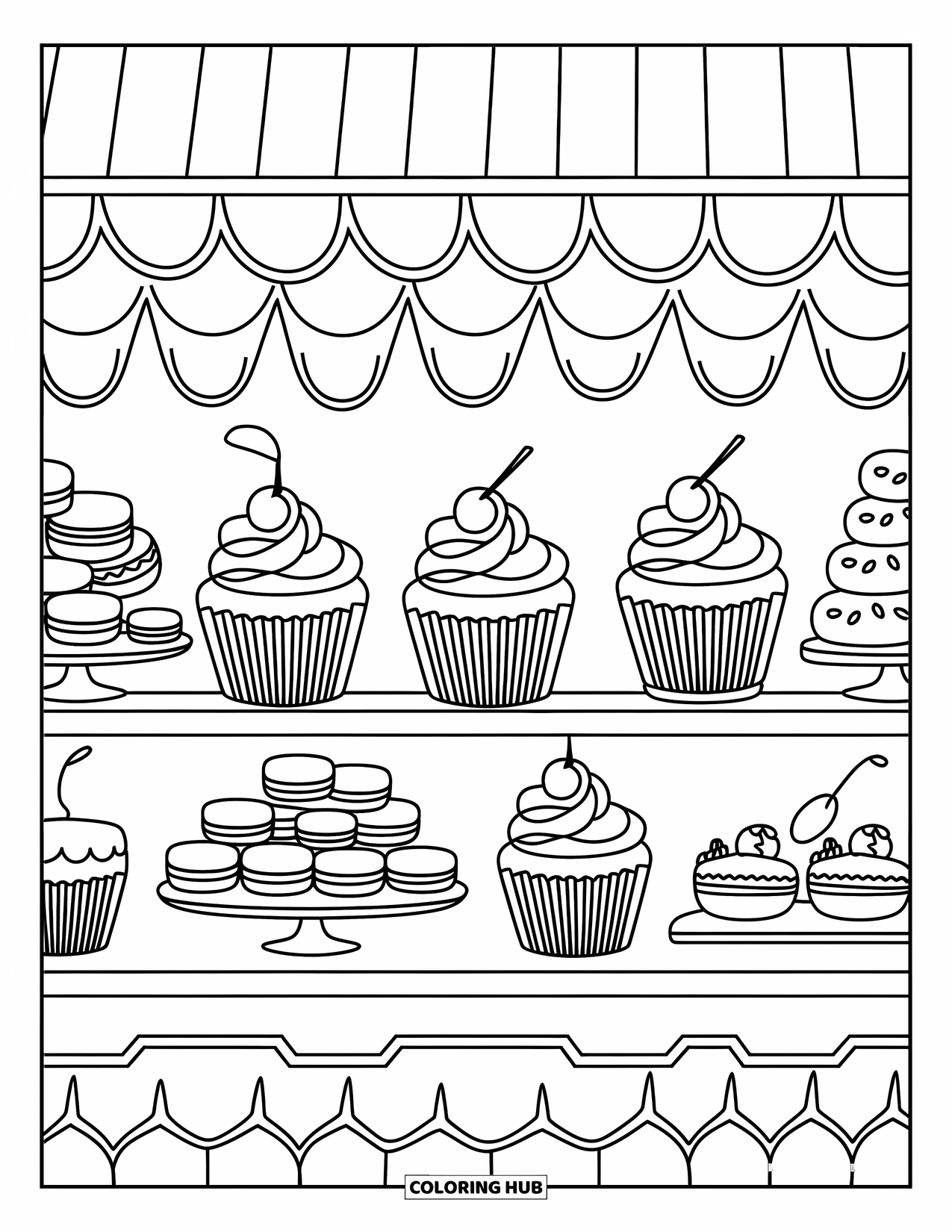 Cupcake Ausmalbild für Kinder: Ein Cupcake-Stand auf einem belebten Straßenmarkt mit anderen köstlichen Desserts