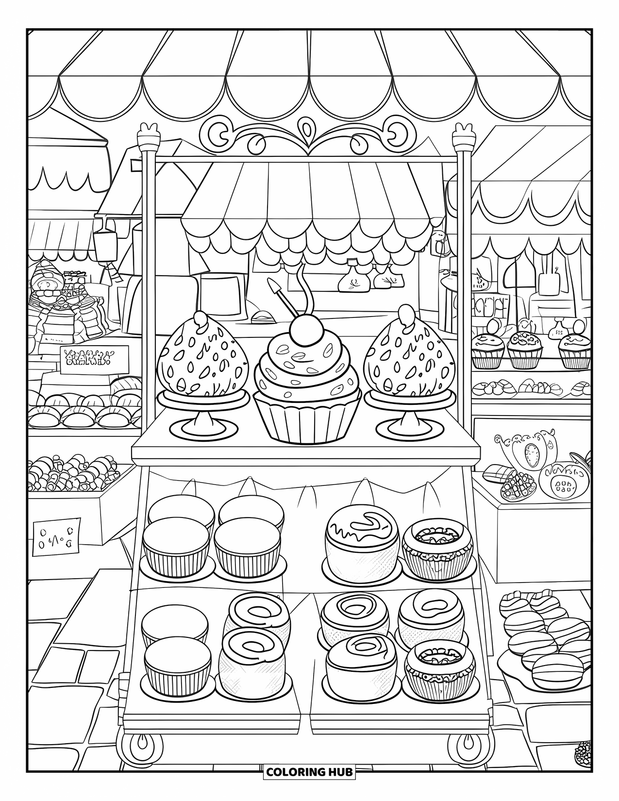 Cupcake Ausmalbild für Kinder: Ein Cupcake-Stand auf einem belebten Straßenmarkt mit Donuts und Macarons