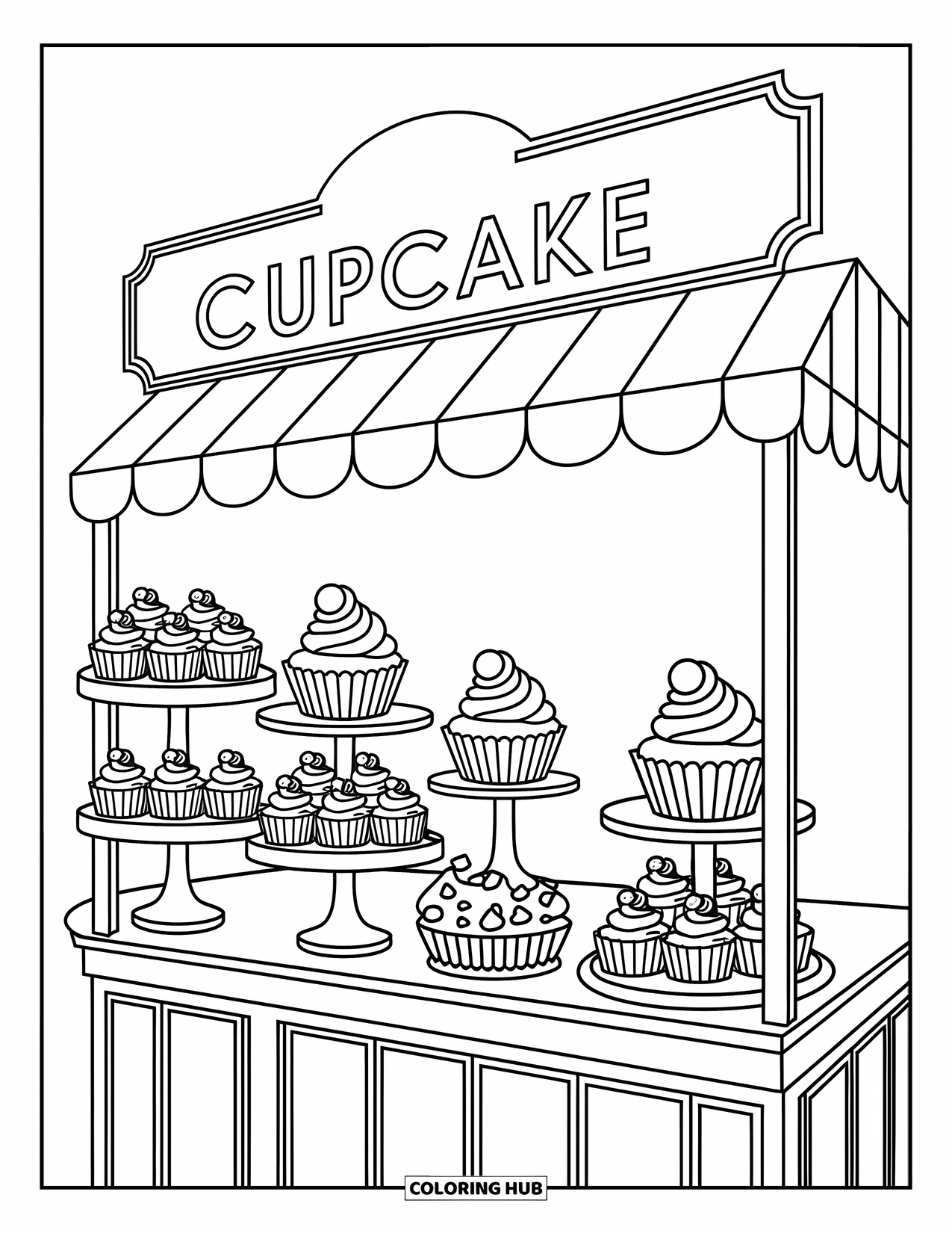 Cupcake Ausmalbild für Kinder: Ein Cupcake-Stand auf einem lebhaften Markt mit verschiedenen ausgestellten Desserts
