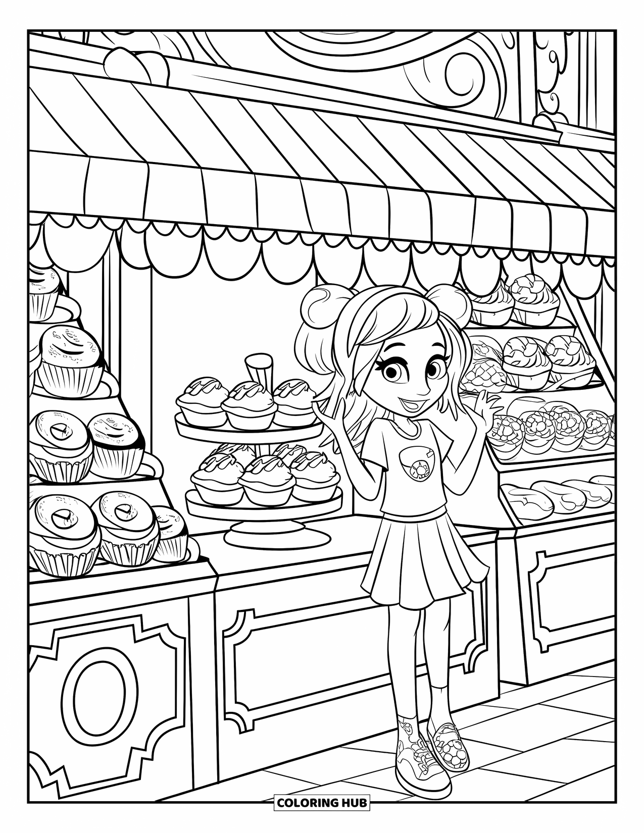 Cupcake Ausmalbild für Kinder: Ein Cupcake-Stand auf einem Straßenmarkt mit einem aufgeregt aussehenden Mädchen