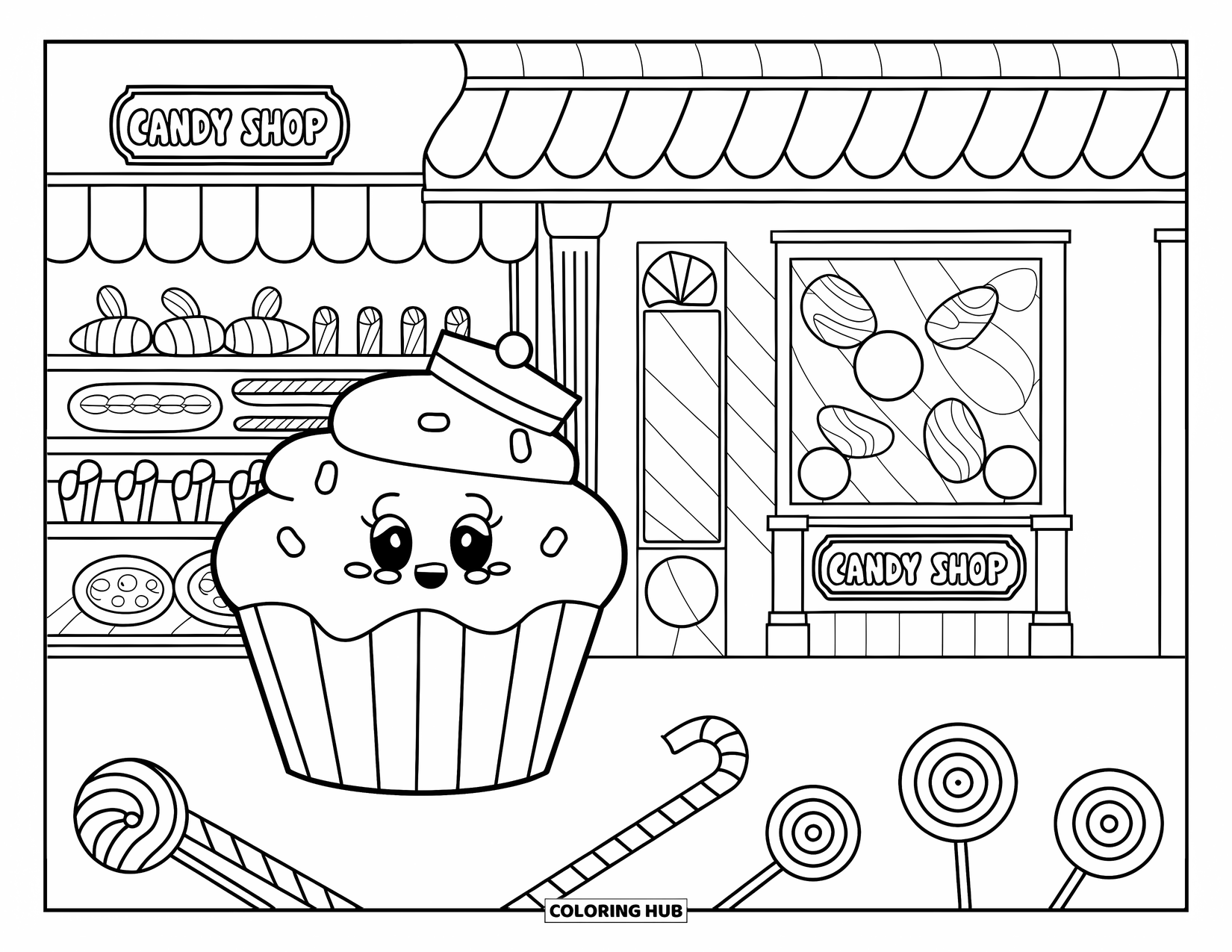 Cupcake Ausmalbild für Kinder: Ein Cupcake besucht einen Süßigkeitenladen voller Süßigkeiten