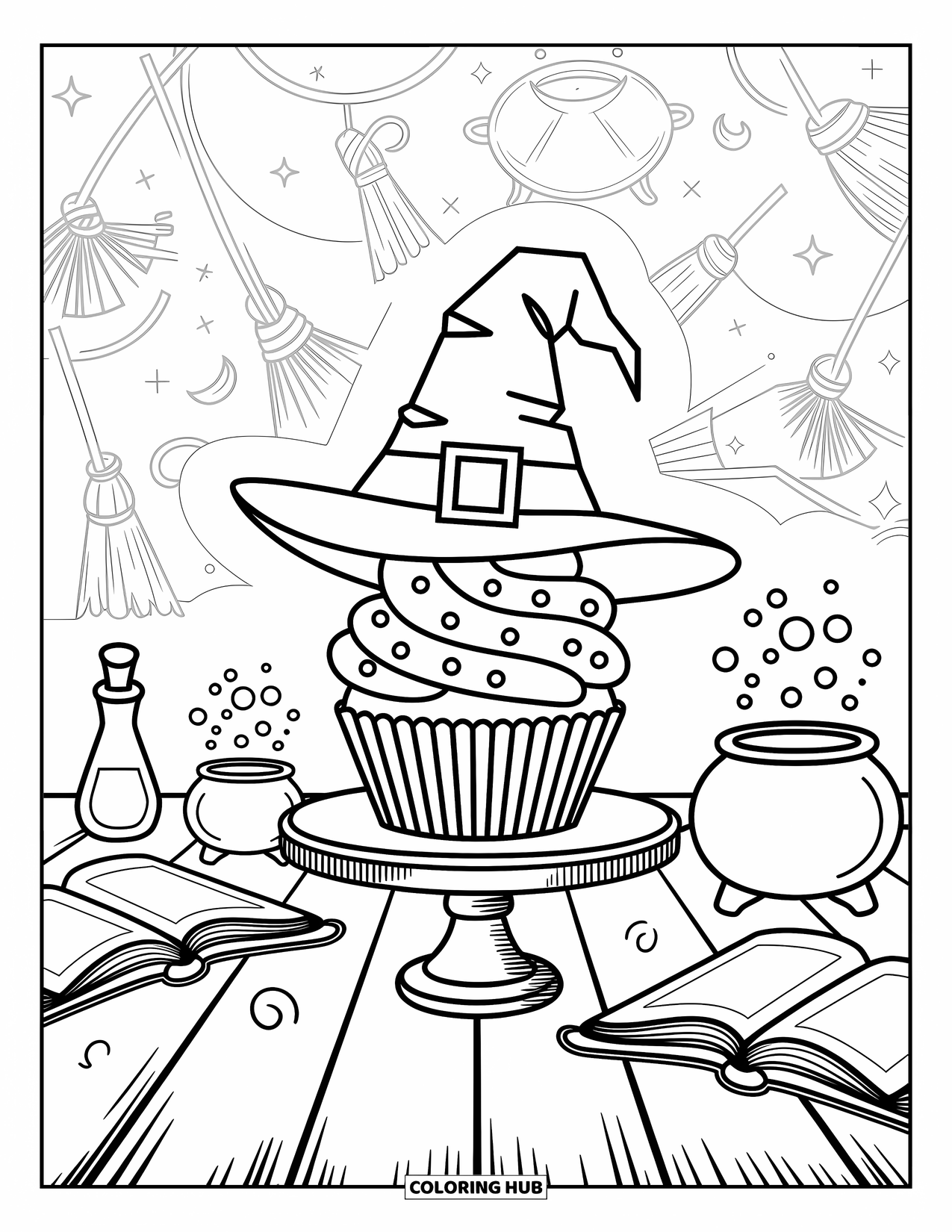 Cupcake Ausmalbild für Kinder: Ein Cupcake mit einem Hexenhut, umgeben von Zauberbüchern und blubbernden Tränken