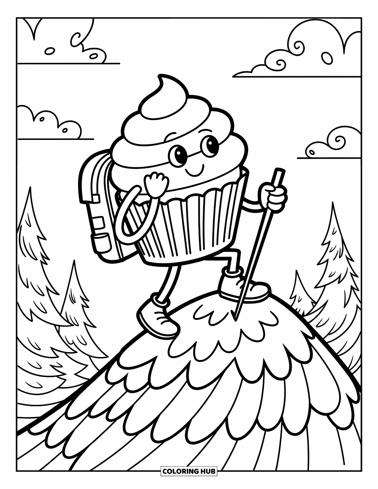 Cupcake Ausmalbild für Kinder: Ein Cupcake mit einem Rucksack erklimmt einen Frosting-Berg