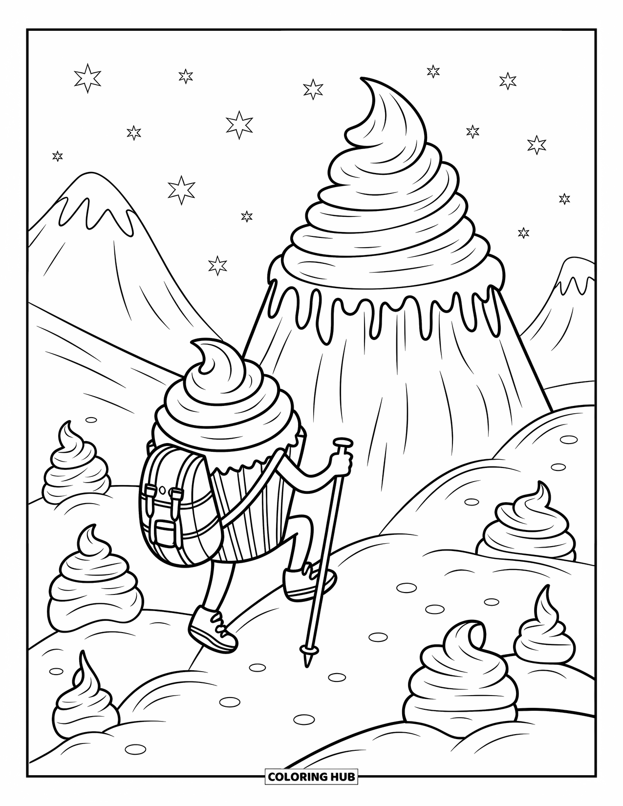 Cupcake Ausmalbild für Kinder: Ein Cupcake mit einem Rucksack wandert einen Frosting-Berg mit Süßigkeitenbüschen