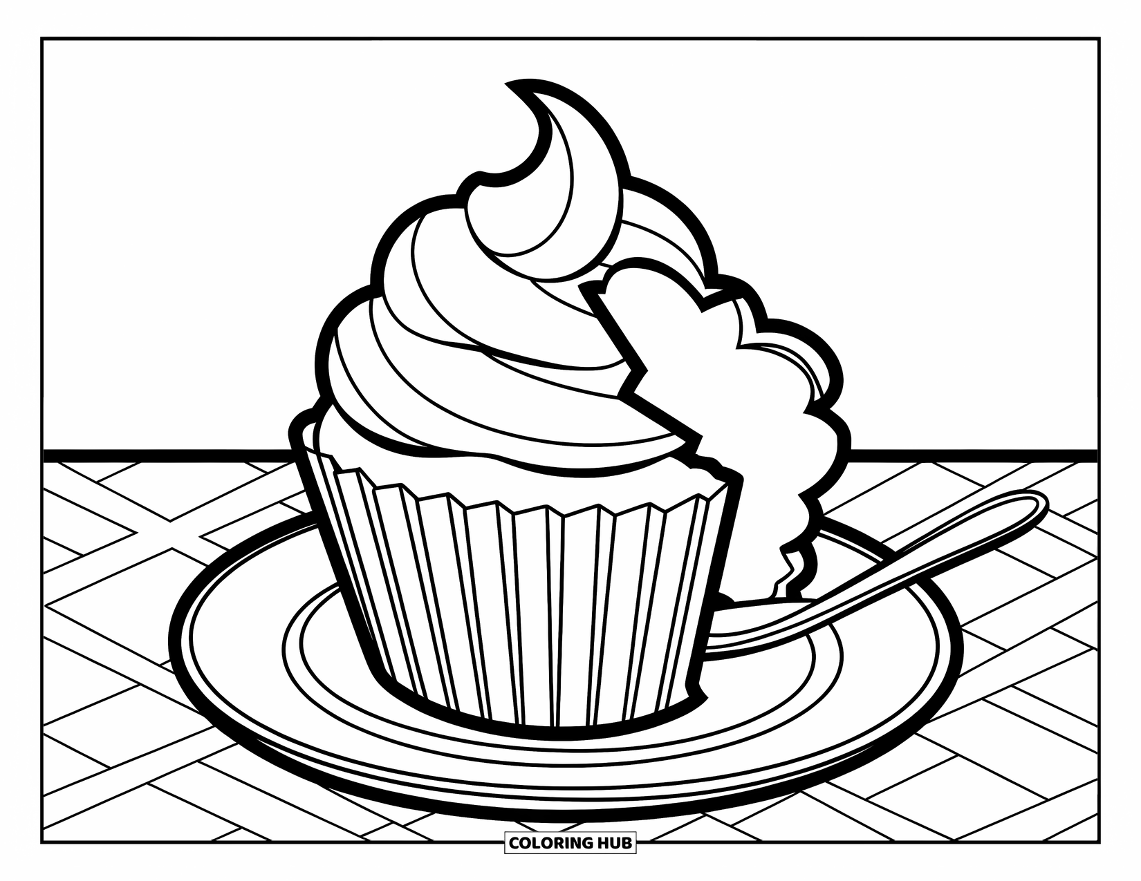 Cupcake Ausmalbild für Kinder: Ein Cupcake, von dem ein Bissen genommen wurde, sitzt neben einem winzigen Löffel