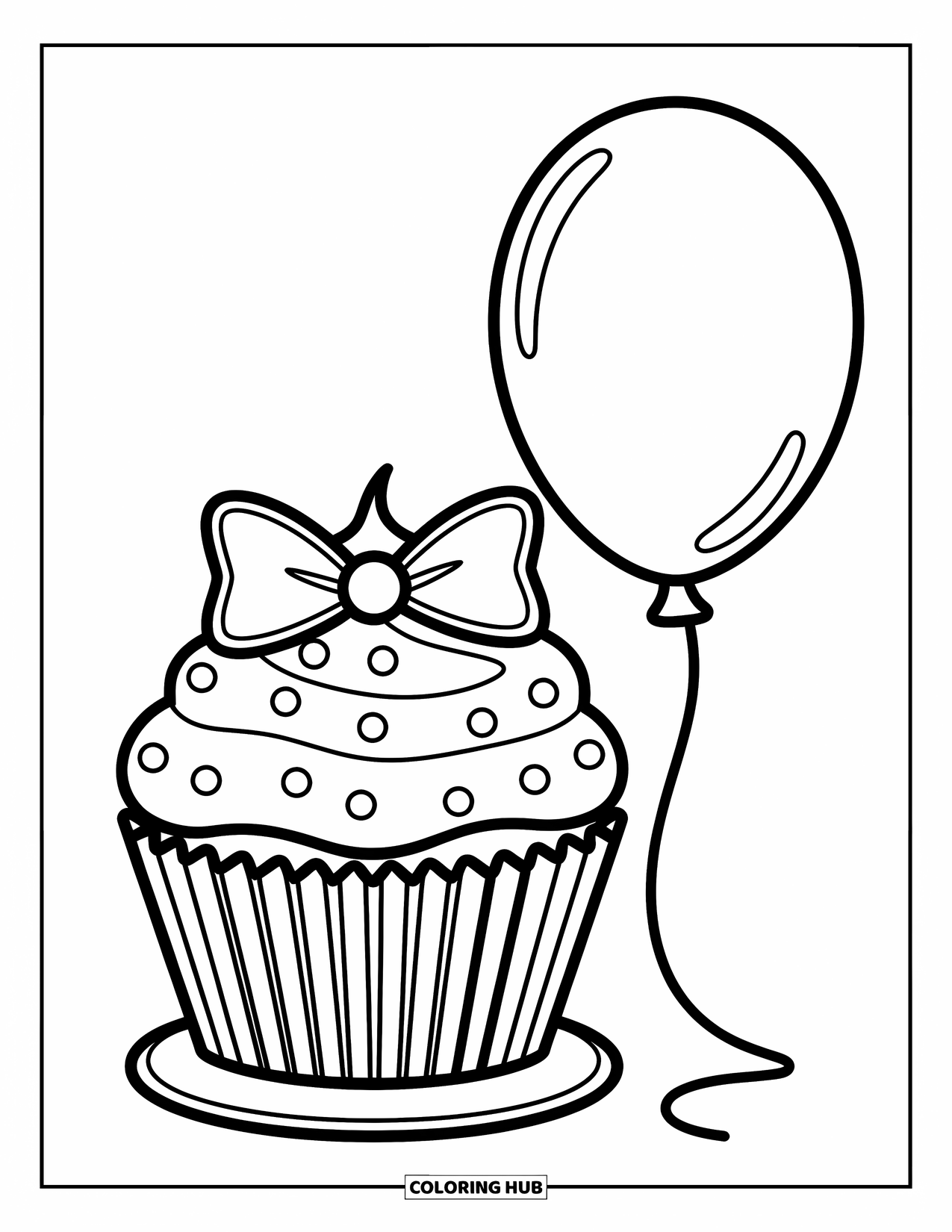 Cupcake Ausmalbild für Kinder: Ein Cupcake mit einer Schleife und einem Ballon daneben