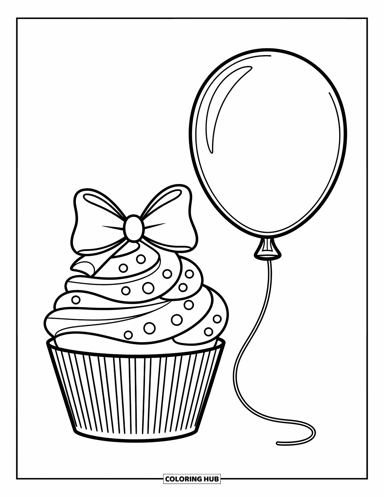 Cupcake Ausmalbild für Kinder: Ein Cupcake mit einer Schleife und einem Ballon daneben