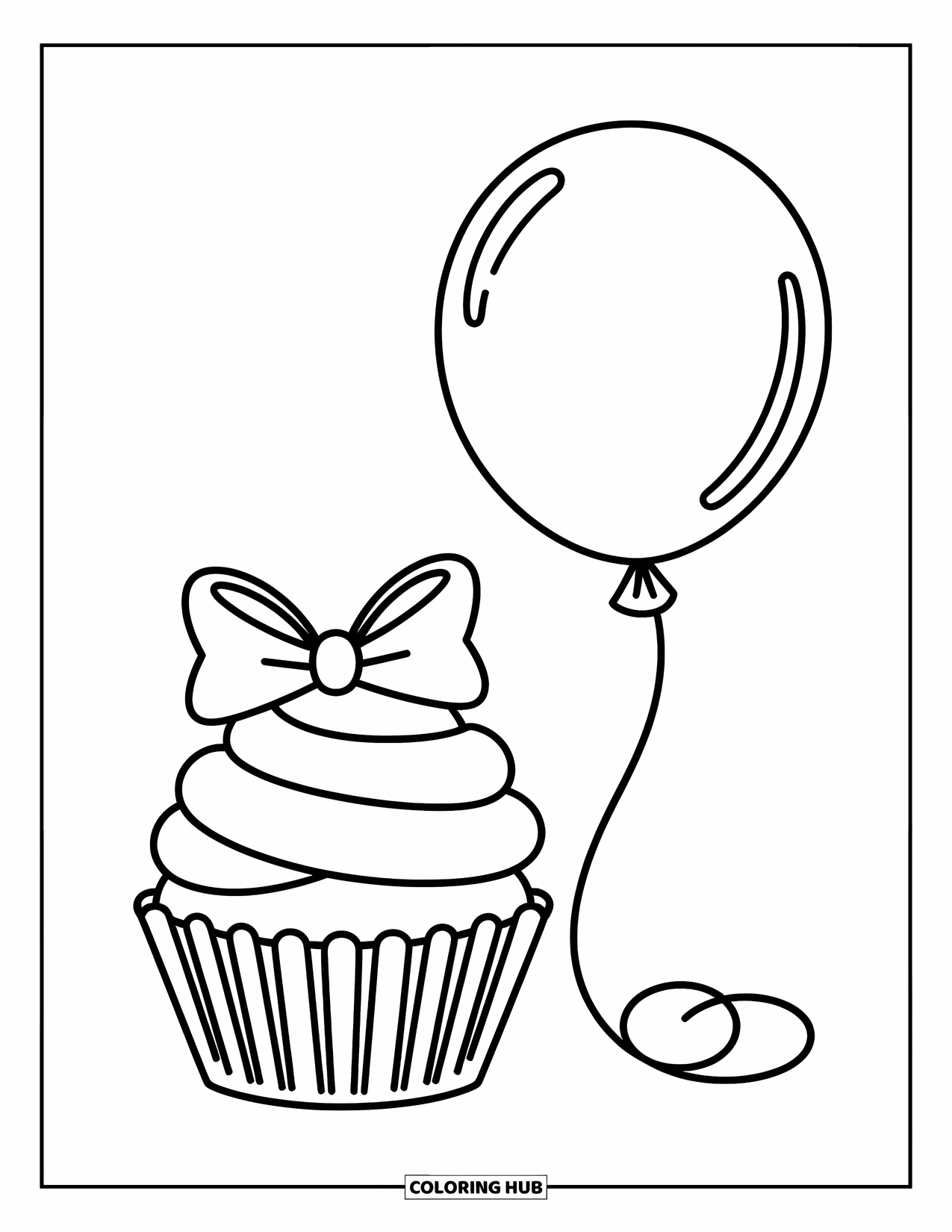 Cupcake Ausmalbild für Kinder: Ein Cupcake mit einer Schleife und einem daran befestigten Ballon