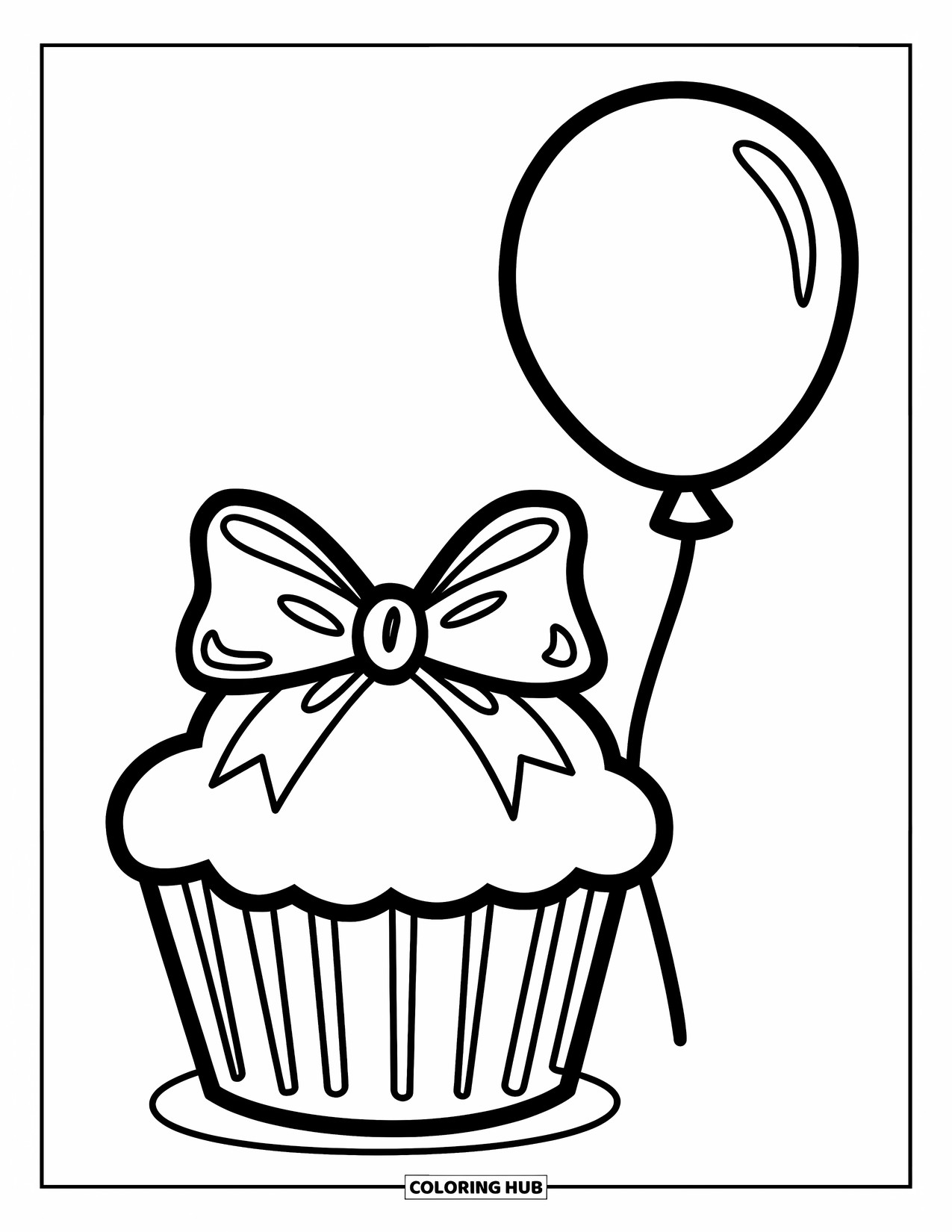 Cupcake Ausmalbild für Kinder: Ein Cupcake mit einer Schleife und einem daran befestigten Ballon