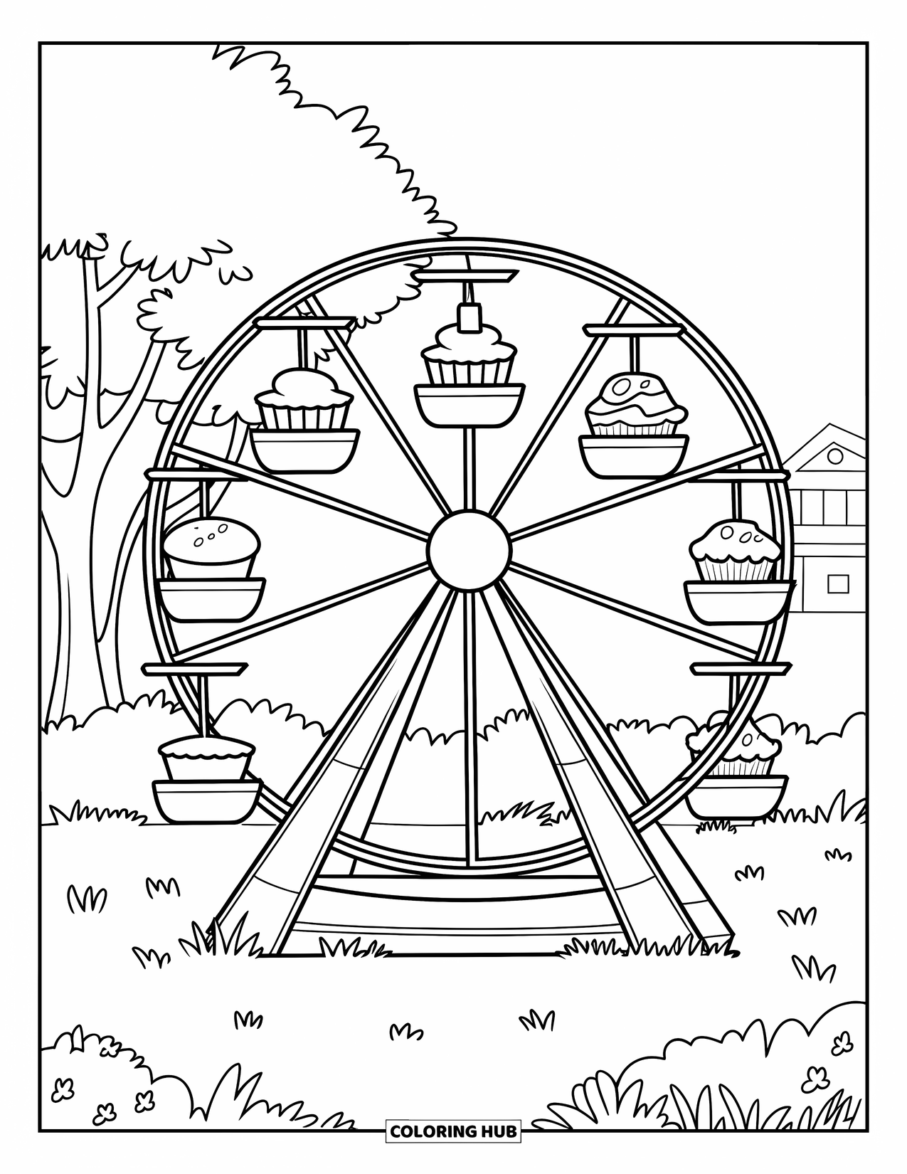 Cupcake Ausmalbild für Kinder: Ein Cupcake mit einer Kerze fährt mit anderen Desserts auf einem Riesenrad