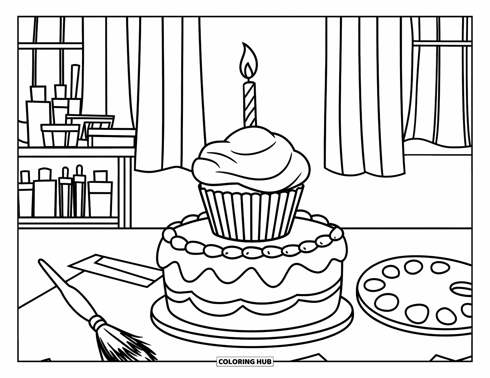 Cupcake Ausmalbild für Kinder: Ein Cupcake mit einer Kerze steht auf einem Kuchen neben Malutensilien