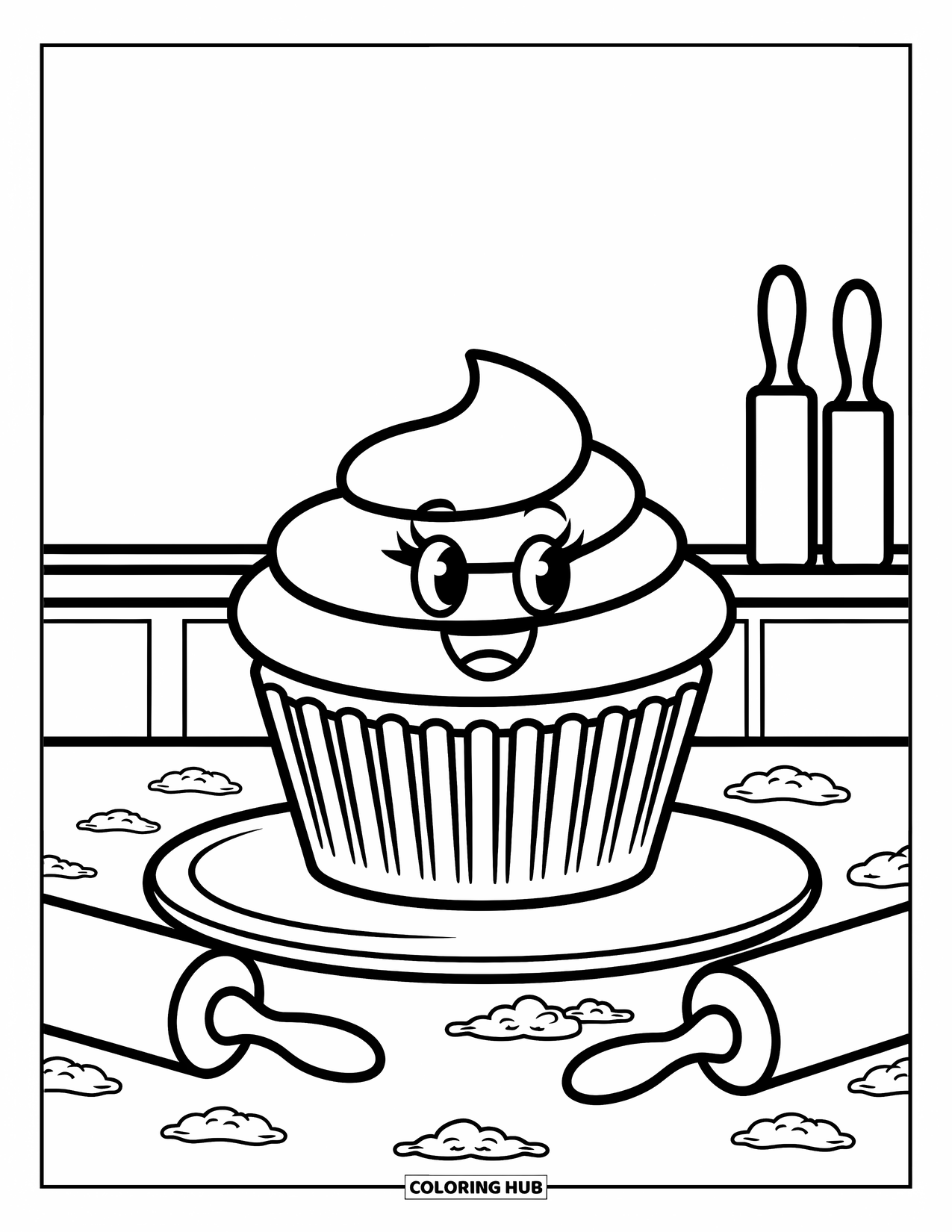 Cupcake Ausmalbild für Kinder: Ein Cupcake mit einem fröhlichen Gesicht sitzt auf einer Theke mit Mehl und Nudelhölzern