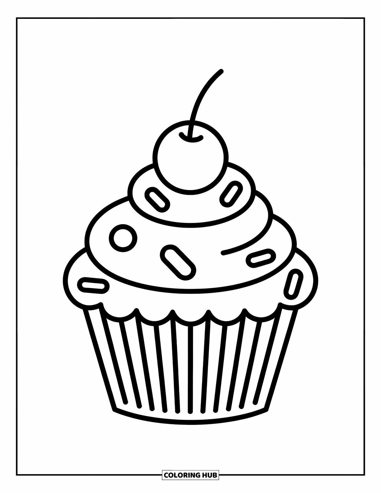 Cupcake Ausmalbild für Kinder: Ein Cupcake mit einer Kirsche und großen Streuseln