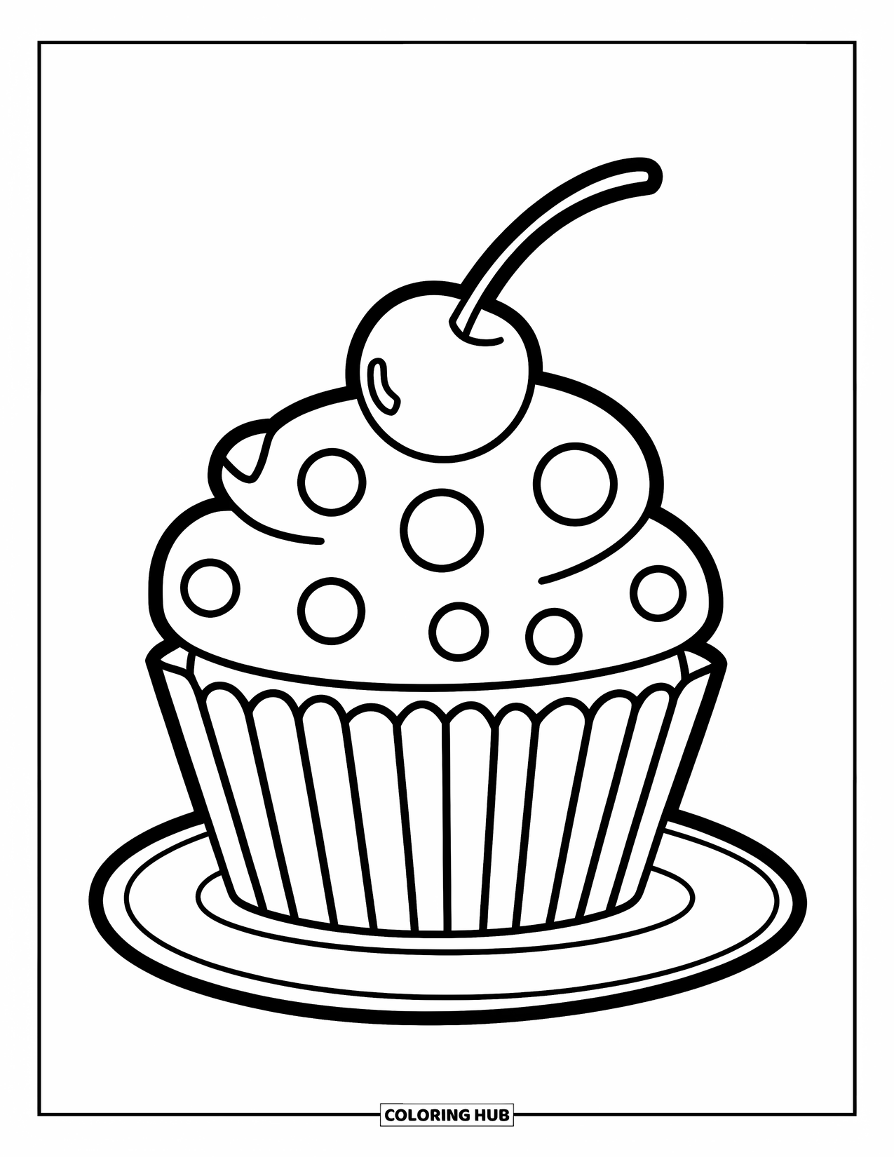 Cupcake Ausmalbild für Kinder: Ein Cupcake mit einer Kirsche und gepunkteter Hülle sitzt auf einem Teller