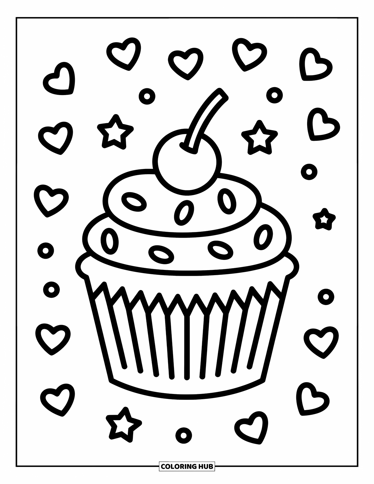 Cupcake Ausmalbild für Kinder: Ein Cupcake mit einer Kirsche und großen Streuseln