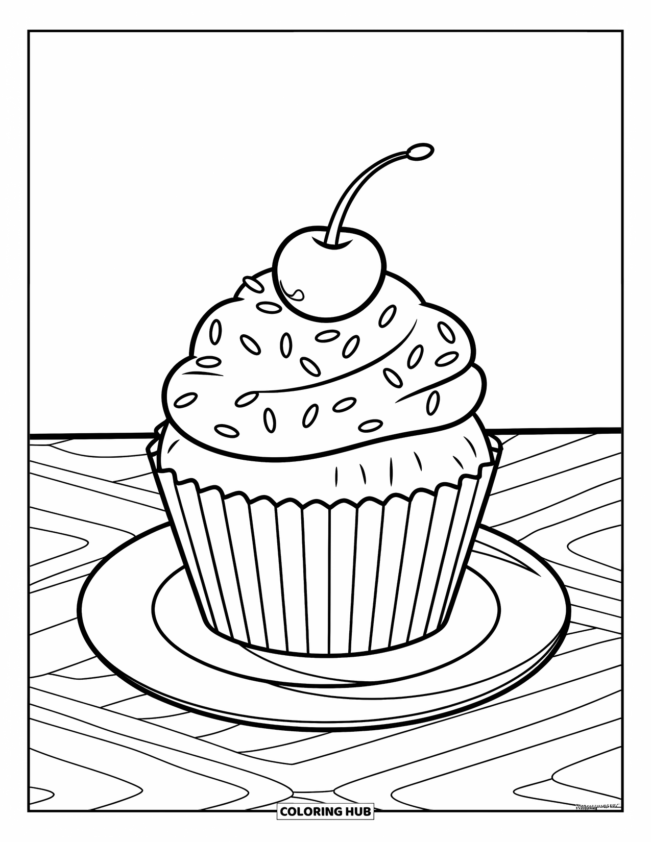 Cupcake Ausmalbild für Kinder: Ein Cupcake mit einer Kirsche und Streuseln auf einem Teller