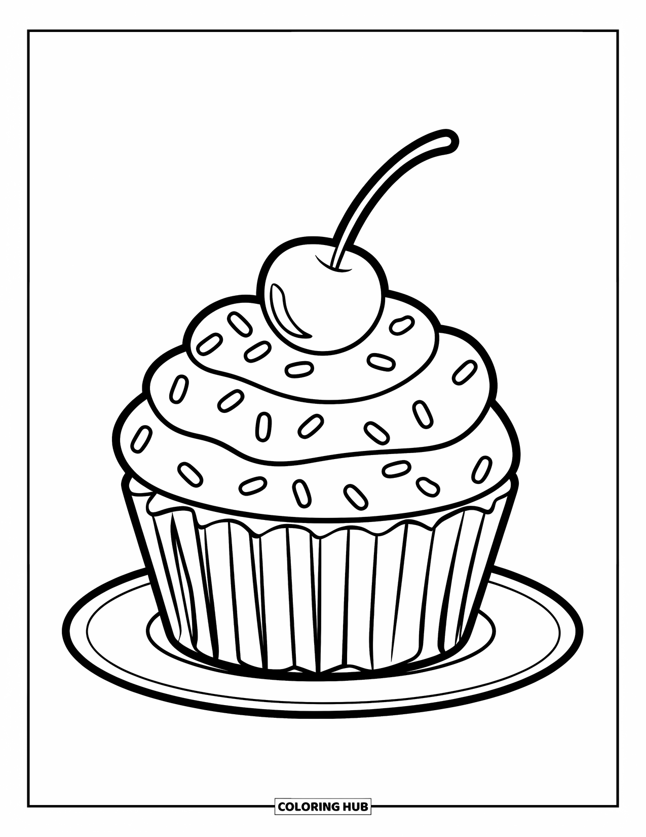 Cupcake Ausmalbild für Kinder: Ein Cupcake mit einer Kirsche und Streuseln sitzt auf einem Teller