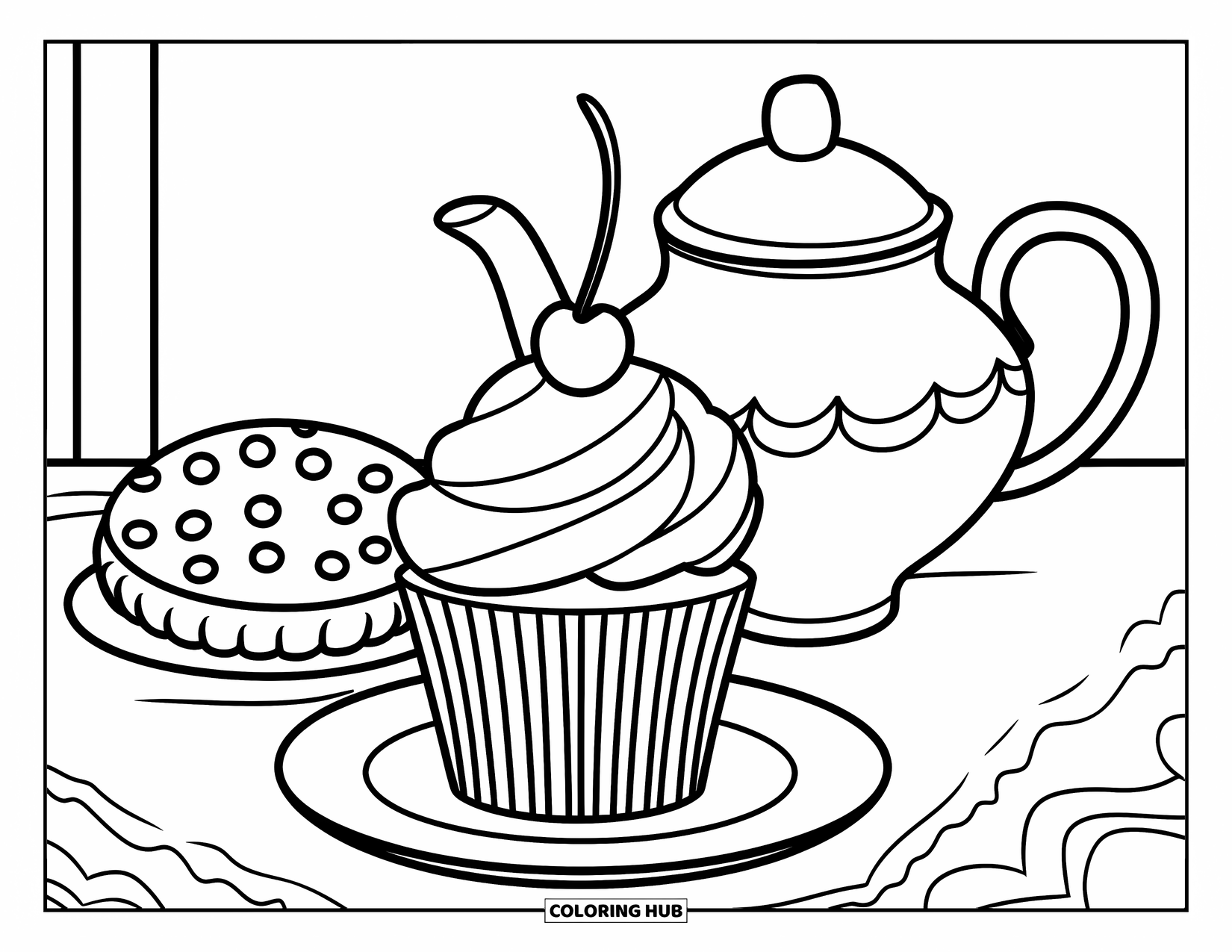 Cupcake Ausmalbild für Kinder: Ein Cupcake mit einer Kirsche genießt eine Teeparty mit einem Keks und einer Teekanne