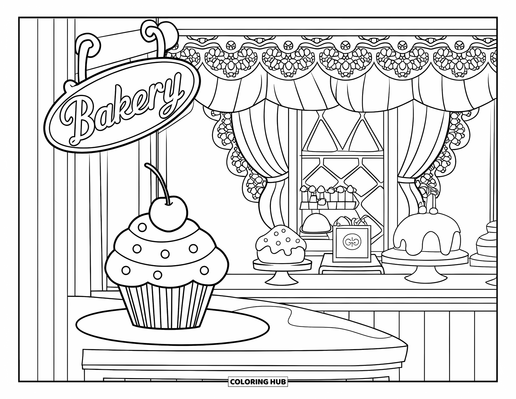Cupcake Ausmalbild für Kinder: Ein Cupcake mit einer Kirsche oben drauf in einer Vintage-Bäckerei