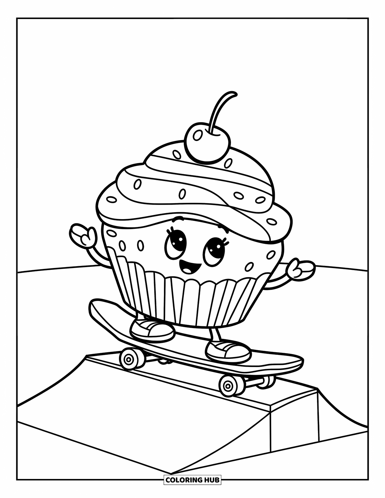 Cupcake Ausmalbild für Kinder: Ein Cupcake mit einer Kirsche fährt mit einem Helm auf einer Rampe Skateboard
