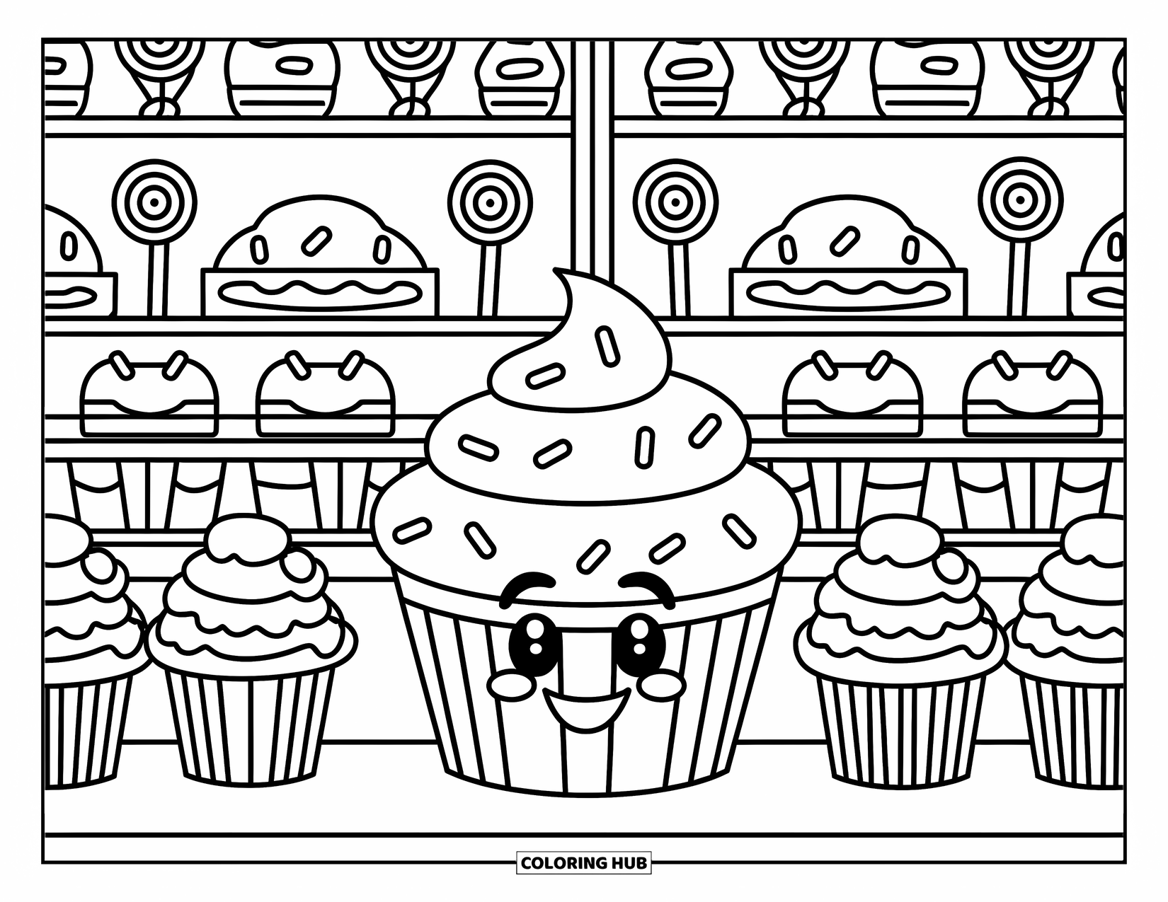 Cupcake Ausmalbild für Kinder: Ein Cupcake mit einem freundlichen Gesicht besucht einen Süßwarenladen voller Süßigkeiten