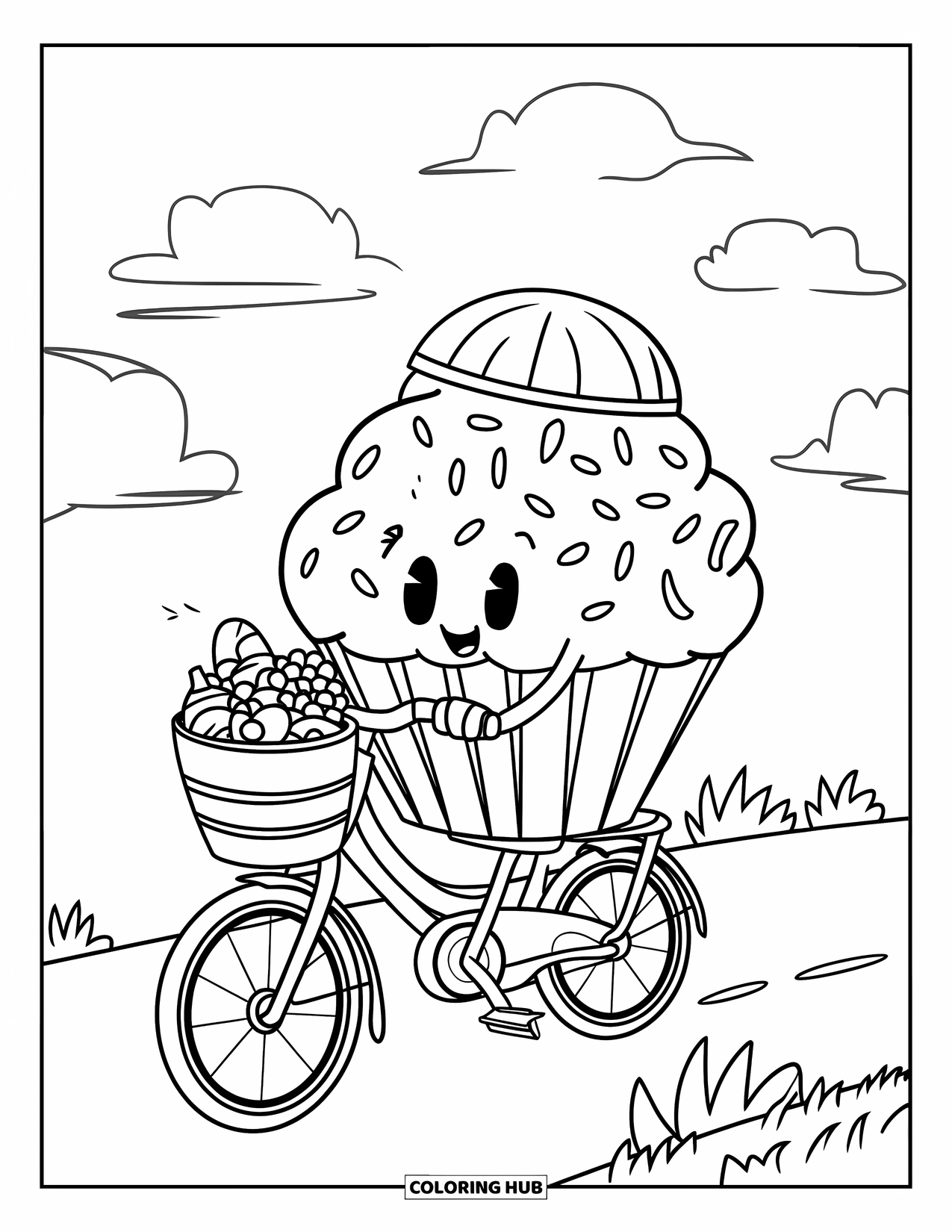 Cupcake Ausmalbild für Kinder: Ein Cupcake mit einem Helm fährt mit einem Fahrrad an Wolken und Gras vorbei
