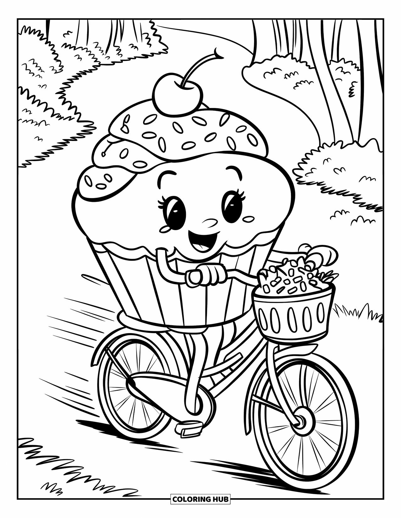Cupcake Ausmalbild für Kinder: Ein Cupcake mit einem Helm fährt mit einem Fahrrad mit einem mit Streuseln gefüllten Korb