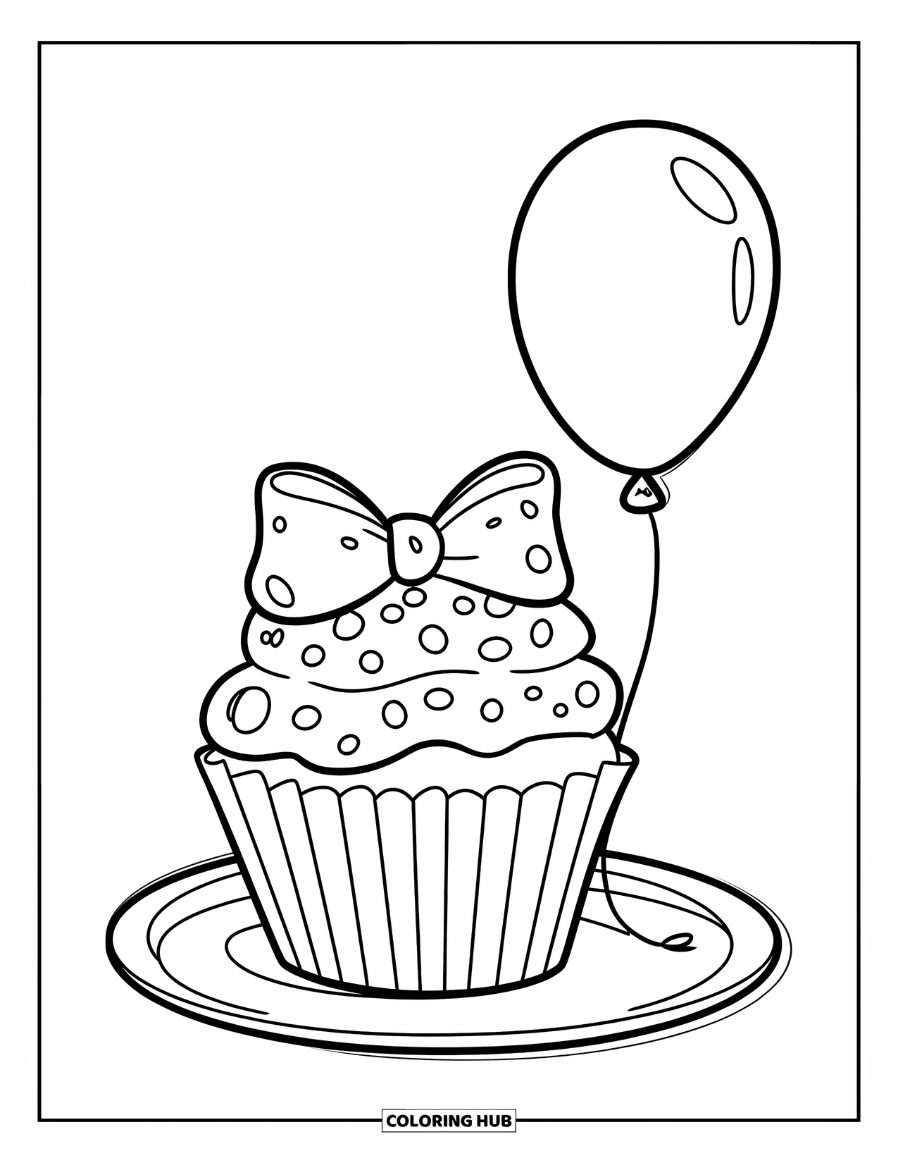 Cupcake Ausmalbild für Kinder: Ein Cupcake mit einer rosa Schleife und einem Ballon auf einem Teller