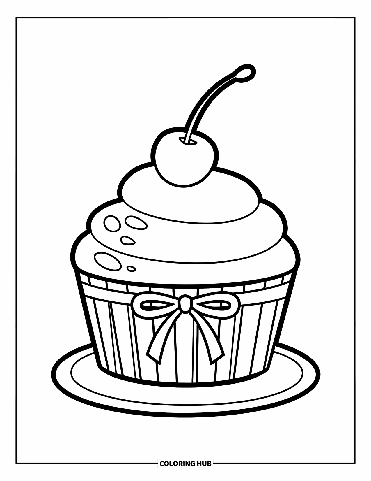 Cupcake Ausmalbild für Kinder: Ein Cupcake mit einem Band und einer Kirsche sitzt auf einem Teller