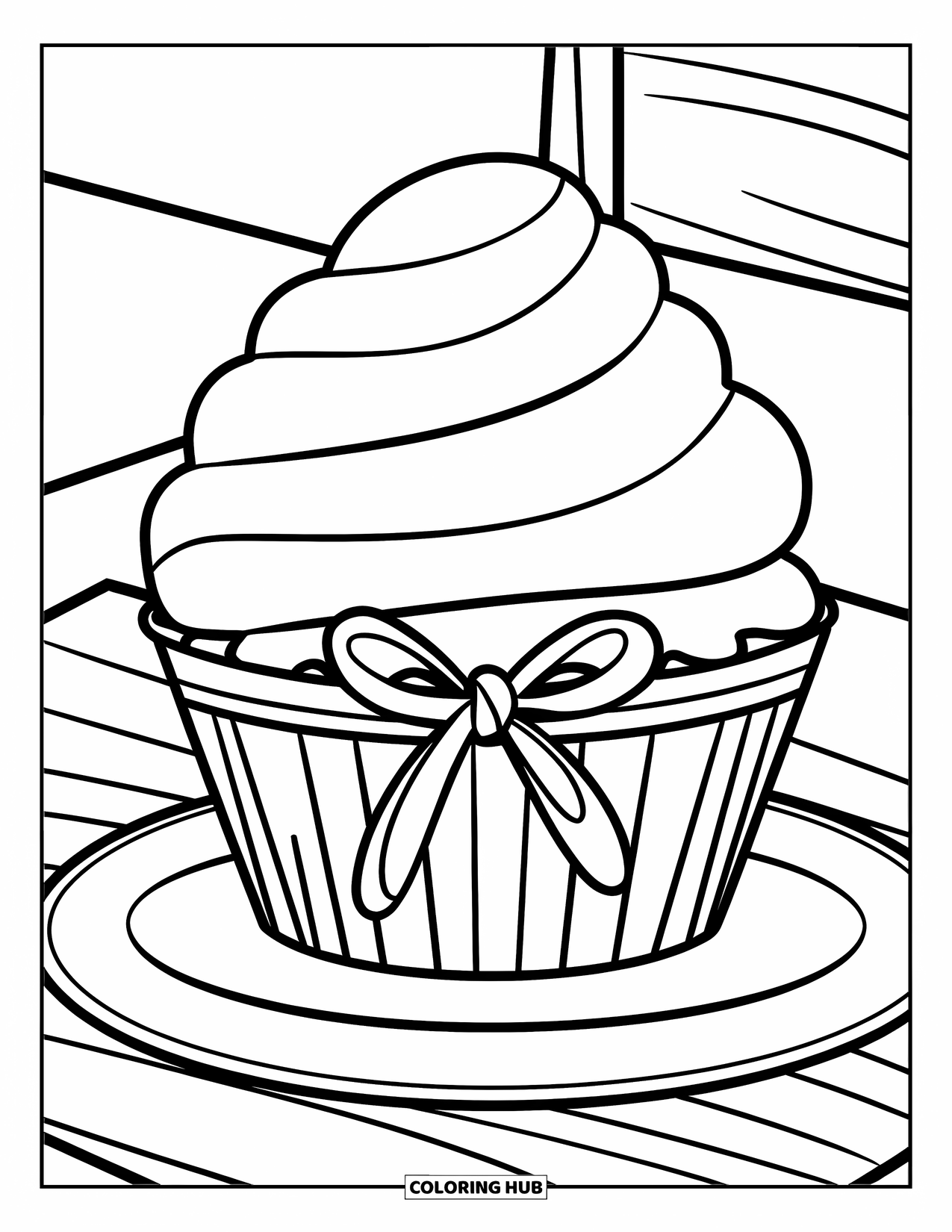 Cupcake Ausmalbild für Kinder: Ein Cupcake mit einer Bandschleife und einer Kirsche sitzt auf einem Teller