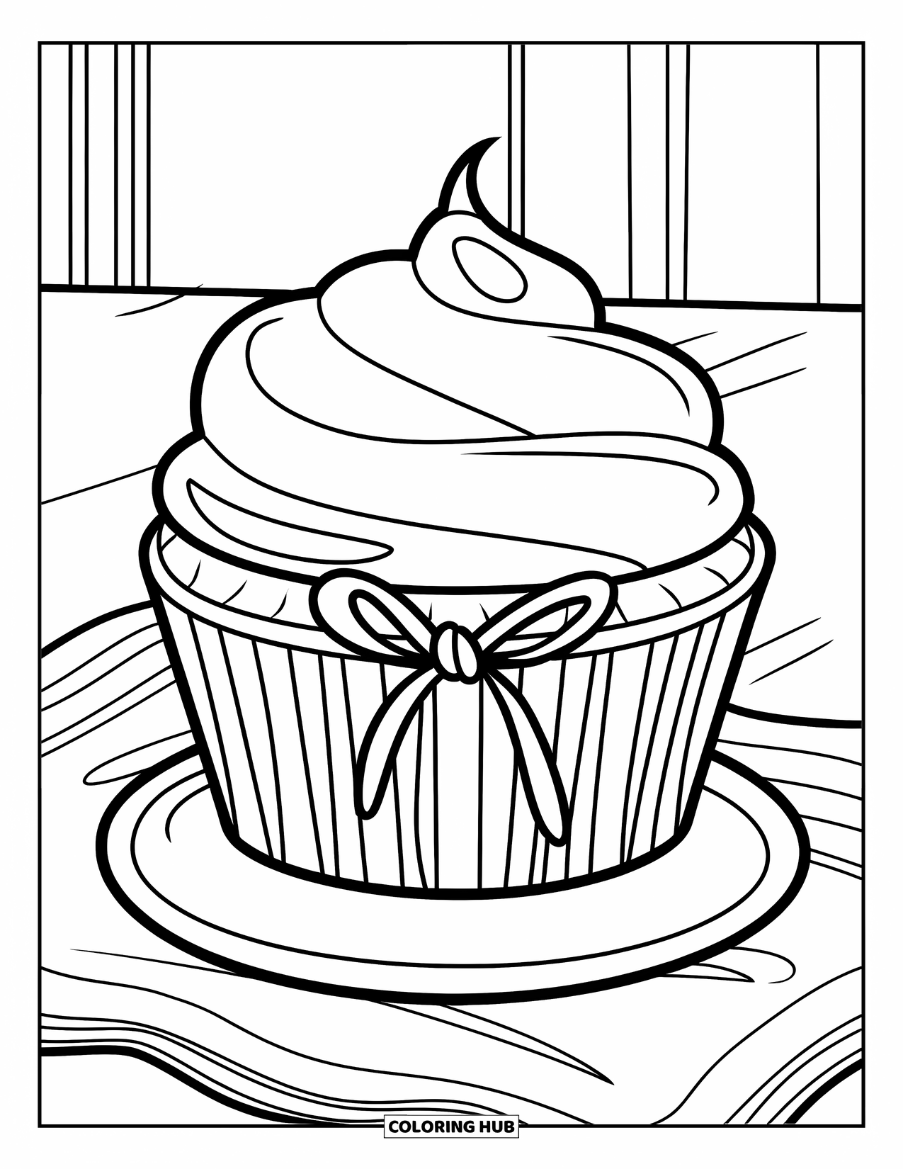 Cupcake Ausmalbild für Kinder: Ein Cupcake mit einer Bandschleife und Streuseln sitzt auf einem Teller
