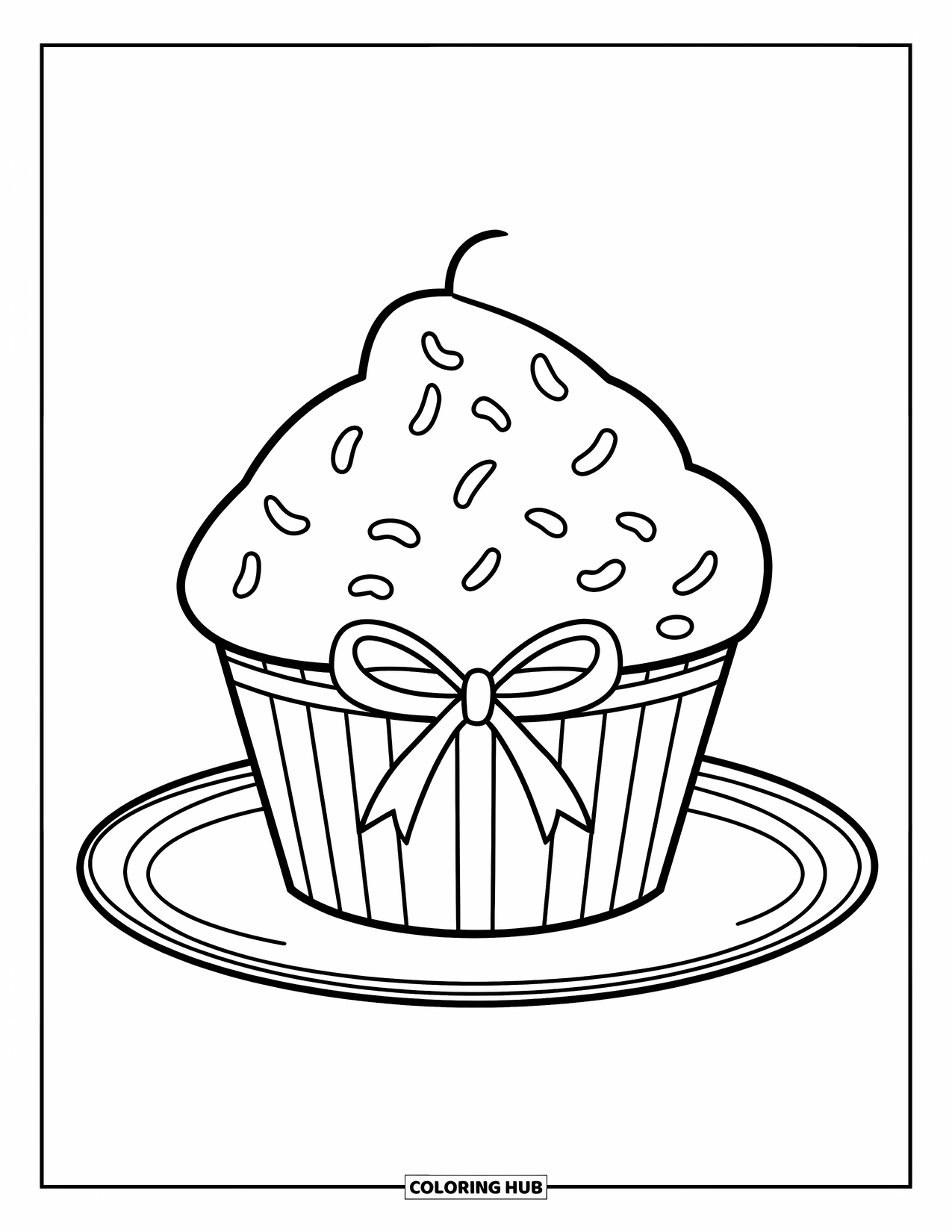 Cupcake Ausmalbild für Kinder: Ein Cupcake mit einer bandgebundenen Hülle sitzt auf einem Teller