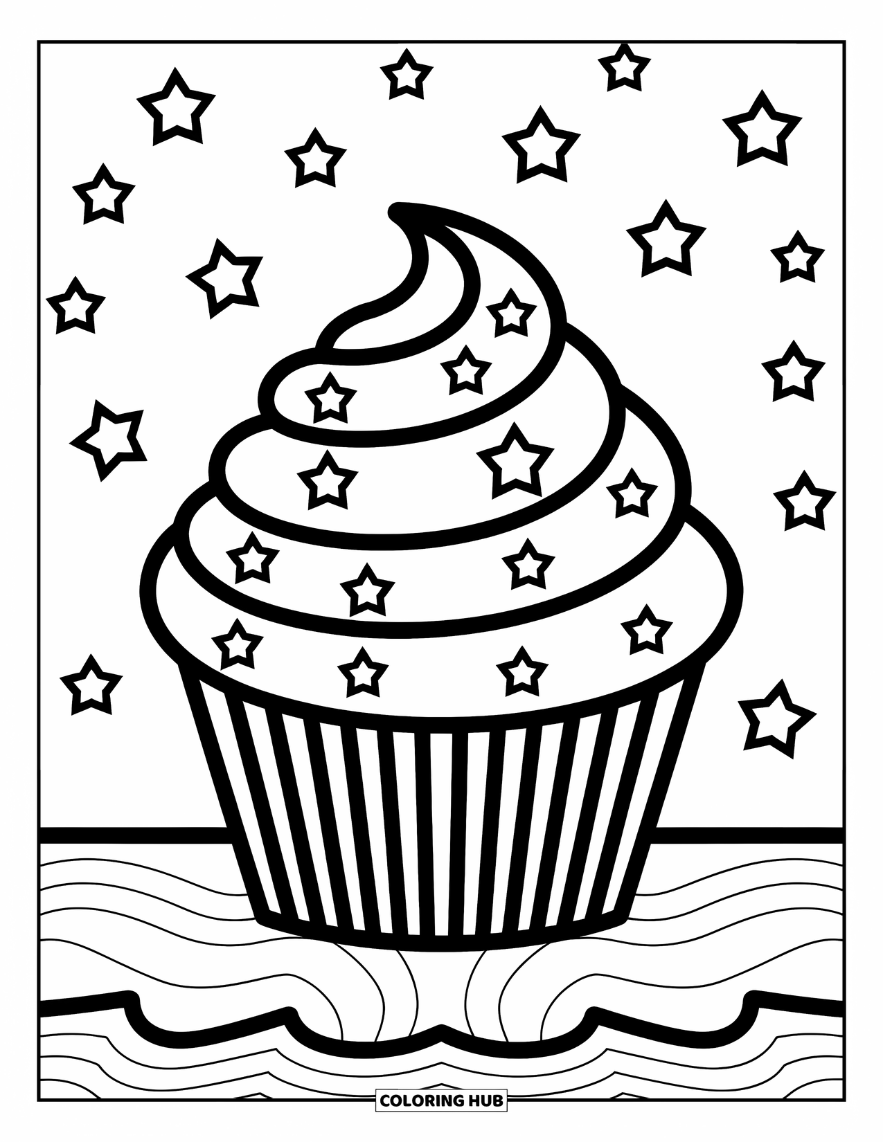 Cupcake Ausmalbild für Kinder: Ein Cupcake mit einer Frosting-Haube und sternförmigen Streuseln