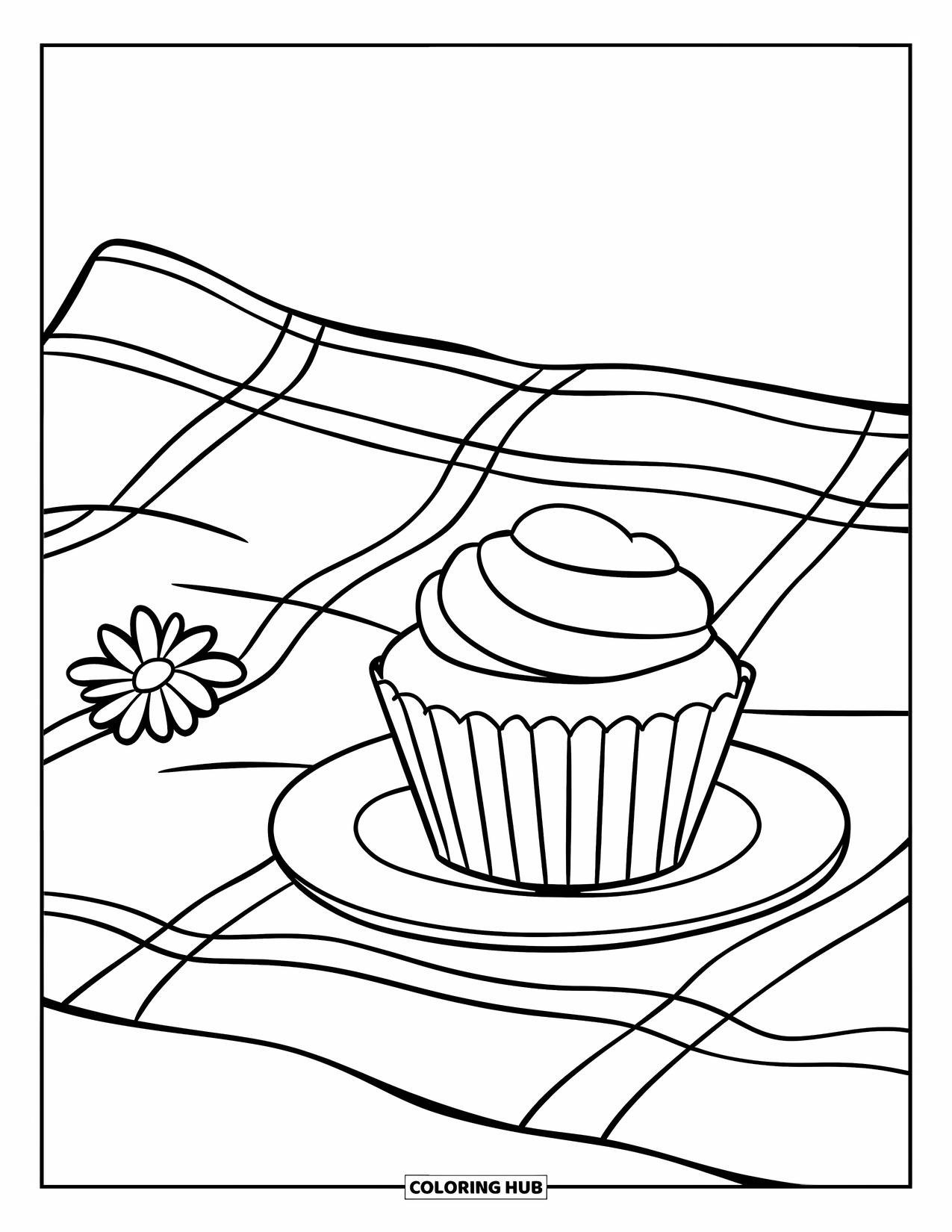 Cupcake Ausmalbild für Kinder: Ein Cupcake mit einer Frosting-Haube sitzt auf einer Picknickdecke