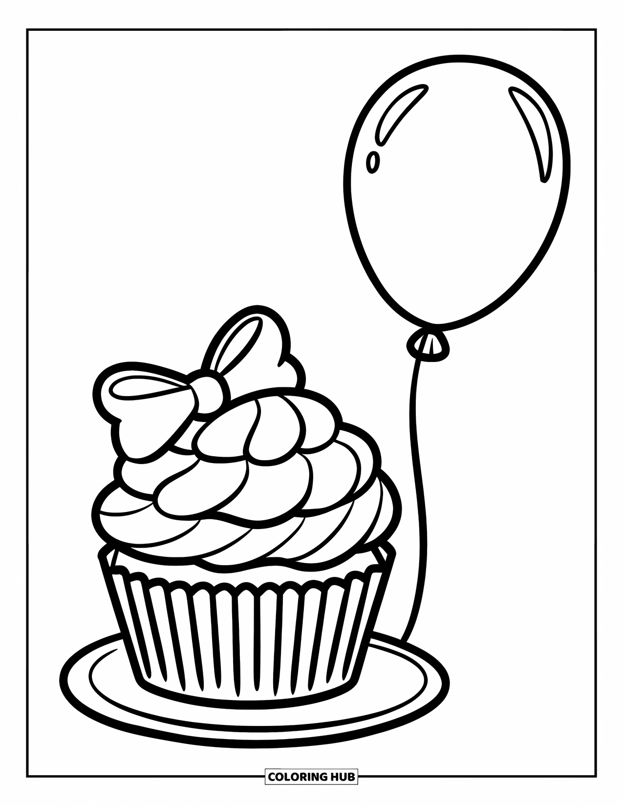 Cupcake Ausmalbild für Kinder: Ein Cupcake mit Schokoladenfüllung, einer rosa Schleife und einem Ballon auf einem Teller