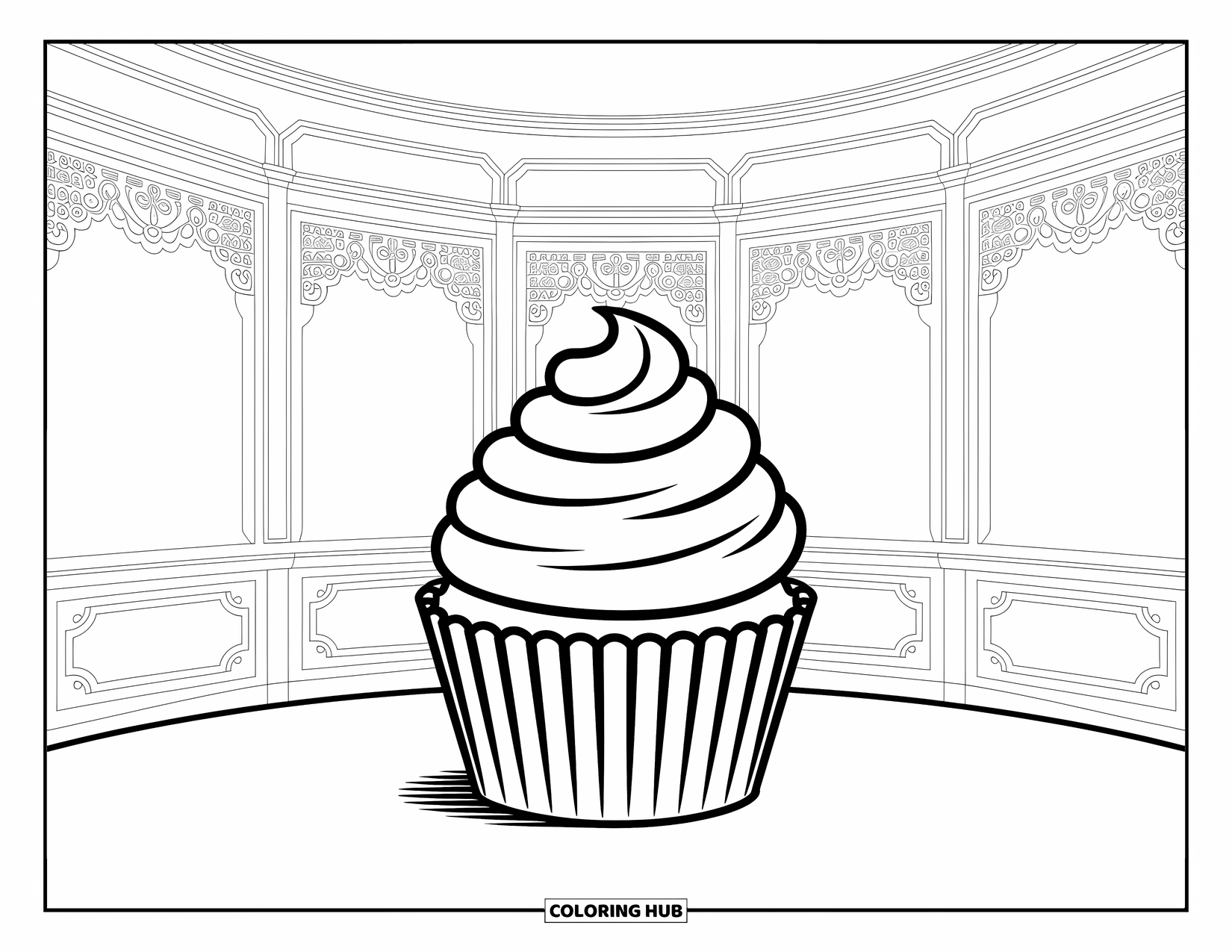 Cupcake Ausmalbild für Kinder: Ein Cupcake mit Spitzendetails in einer viktorianischen Bäckerei