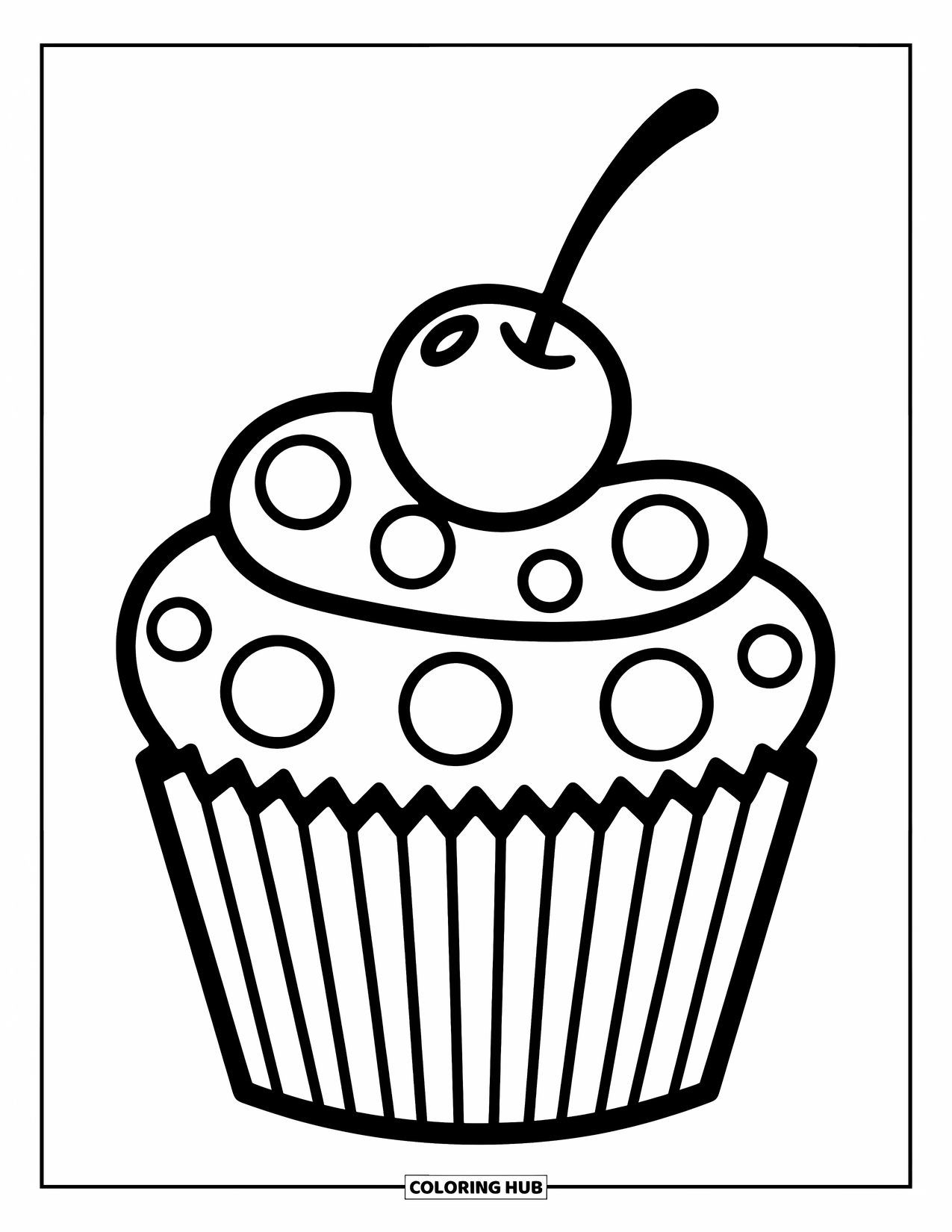 Cupcake Ausmalbild für Kinder: Ein Cupcake mit Tupfen auf seiner Hülle und einer Kirsche oben drauf