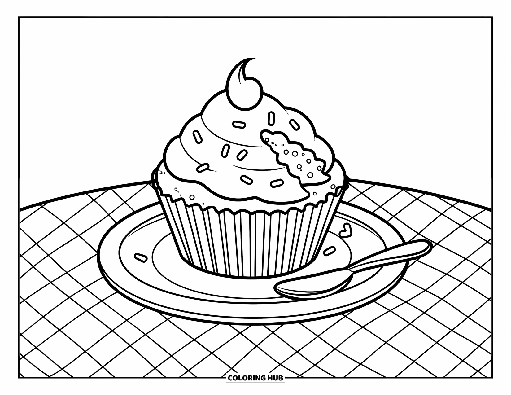 Cupcake Ausmalbild für Kinder: Ein Cupcake mit Streuseln und einem Bissen sitzt neben einem Löffel
