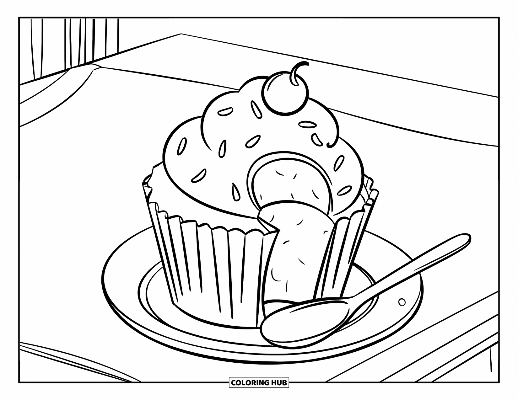 Cupcake Ausmalbild für Kinder: Ein Cupcake mit Streuseln und einem Löffel sitzt auf einem Teller