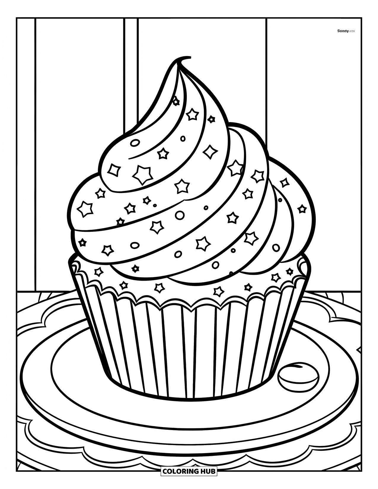 Cupcake Ausmalbild für Kinder: Ein Cupcake mit Sternen und Wirbeln sitzt auf einem Teller