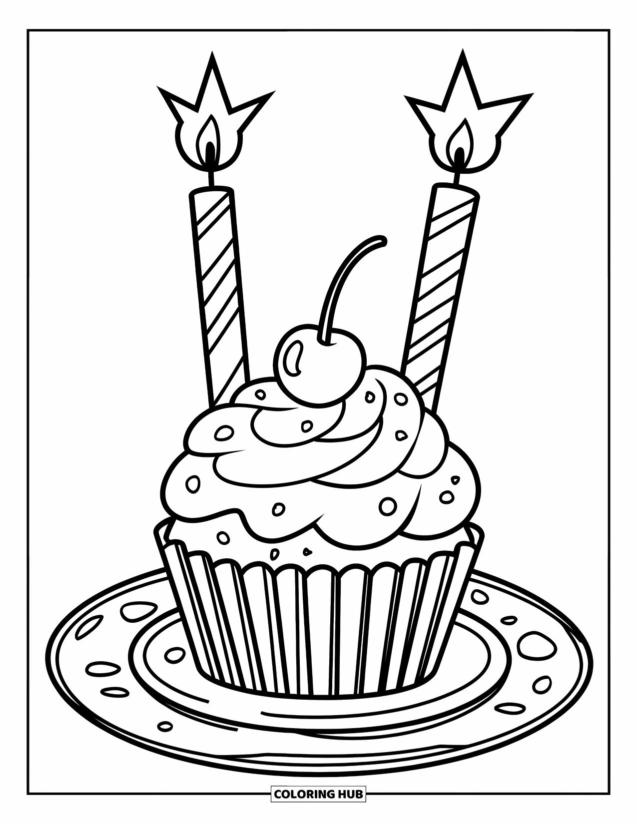 Cupcake Ausmalbild für Kinder: Ein Cupcake mit zwei Kerzen, Frosting, einer Kirsche und ein paar Krümeln