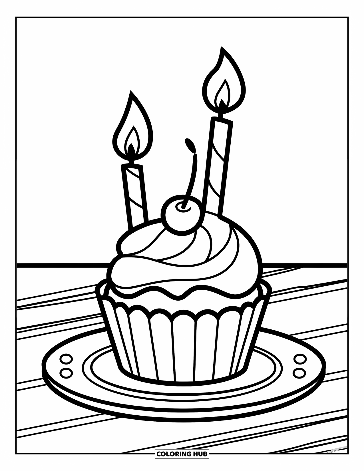 Cupcake Ausmalbild für Kinder: Ein Cupcake mit zwei Kerzen, Frosting und einer Kirsche auf einem Teller