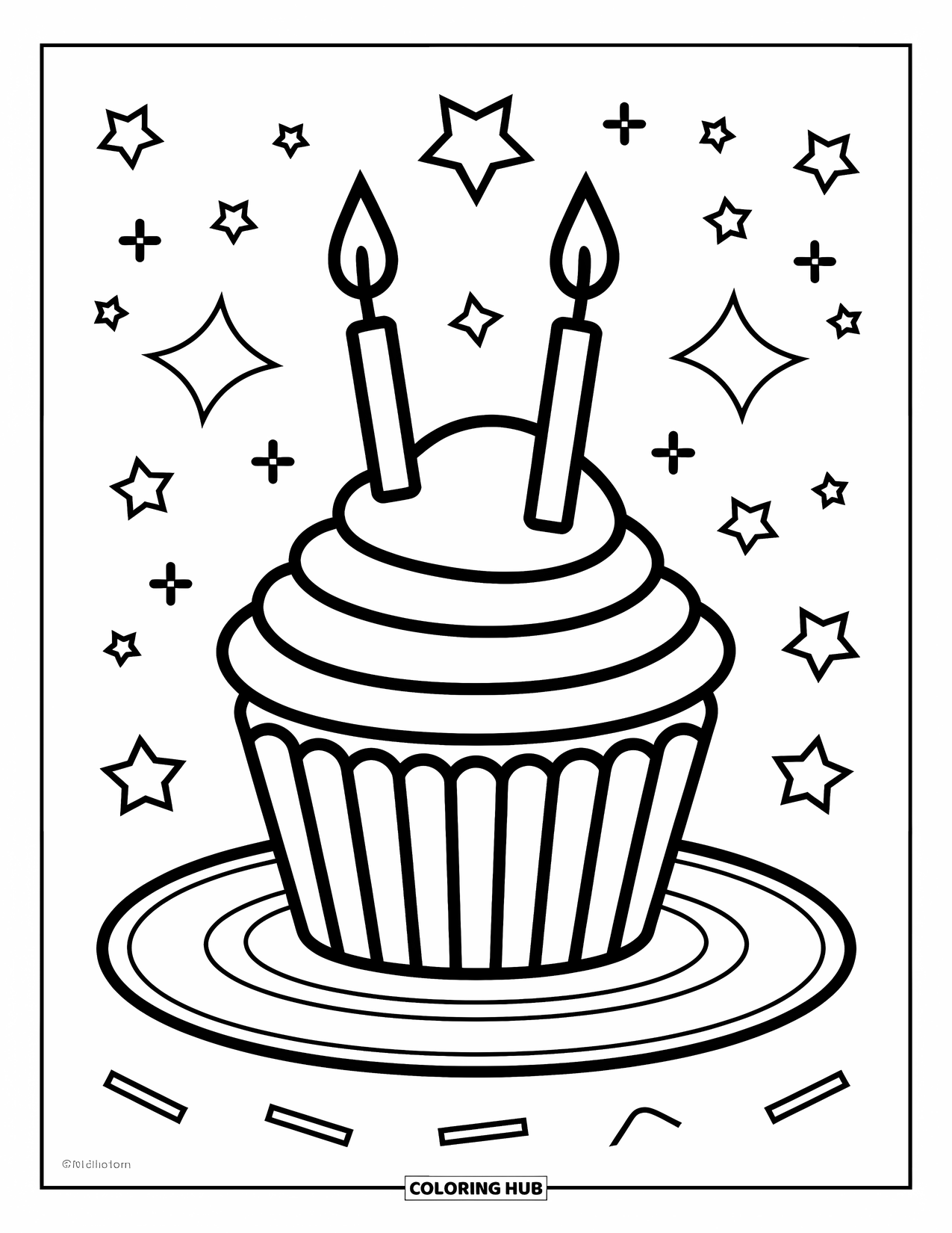 Cupcake Ausmalbild für Kinder: Ein Cupcake mit zwei Kerzen auf einem Teller