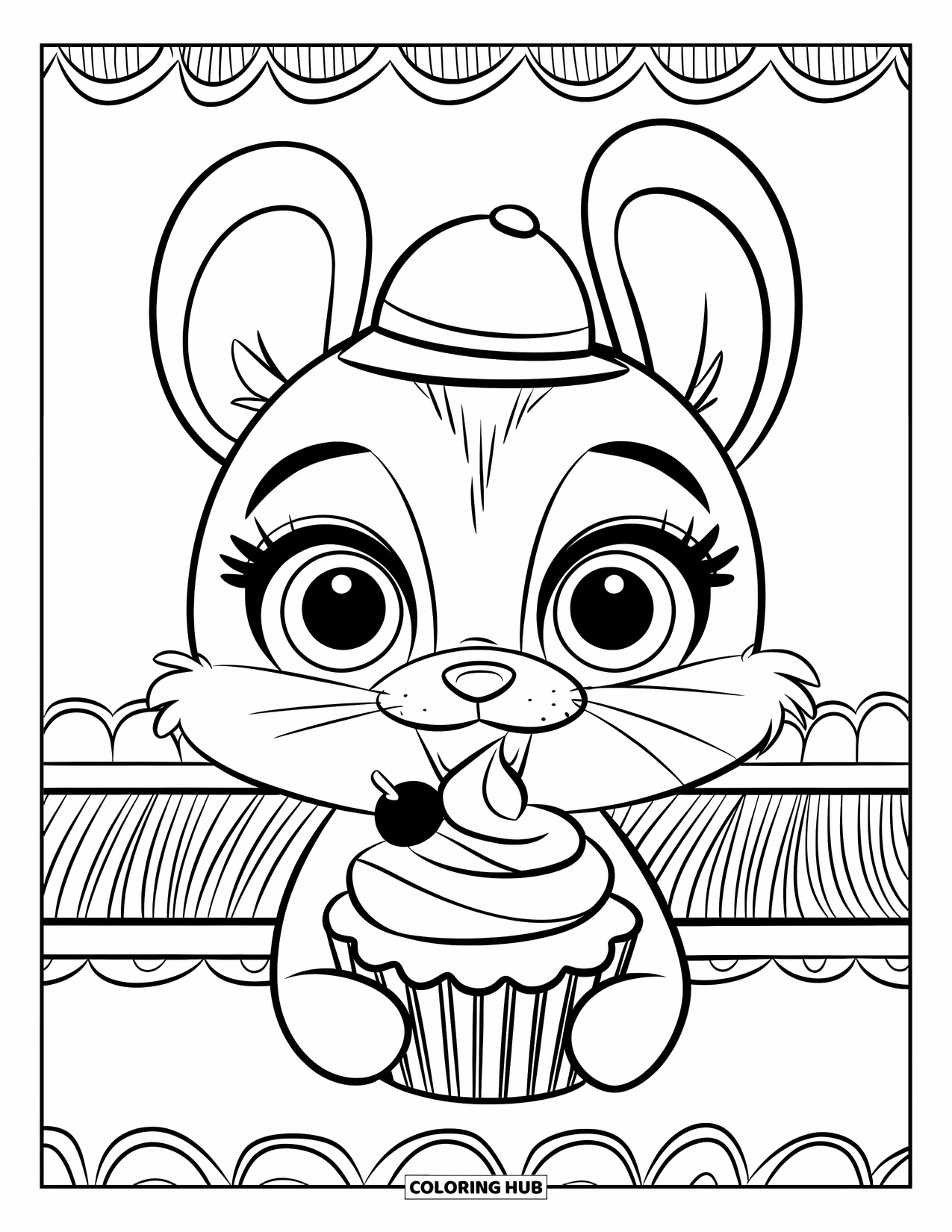 Cupcake Ausmalbild für Kinder: Ein süßes Tier mit großen Augen hält einen Cupcake liebevoll