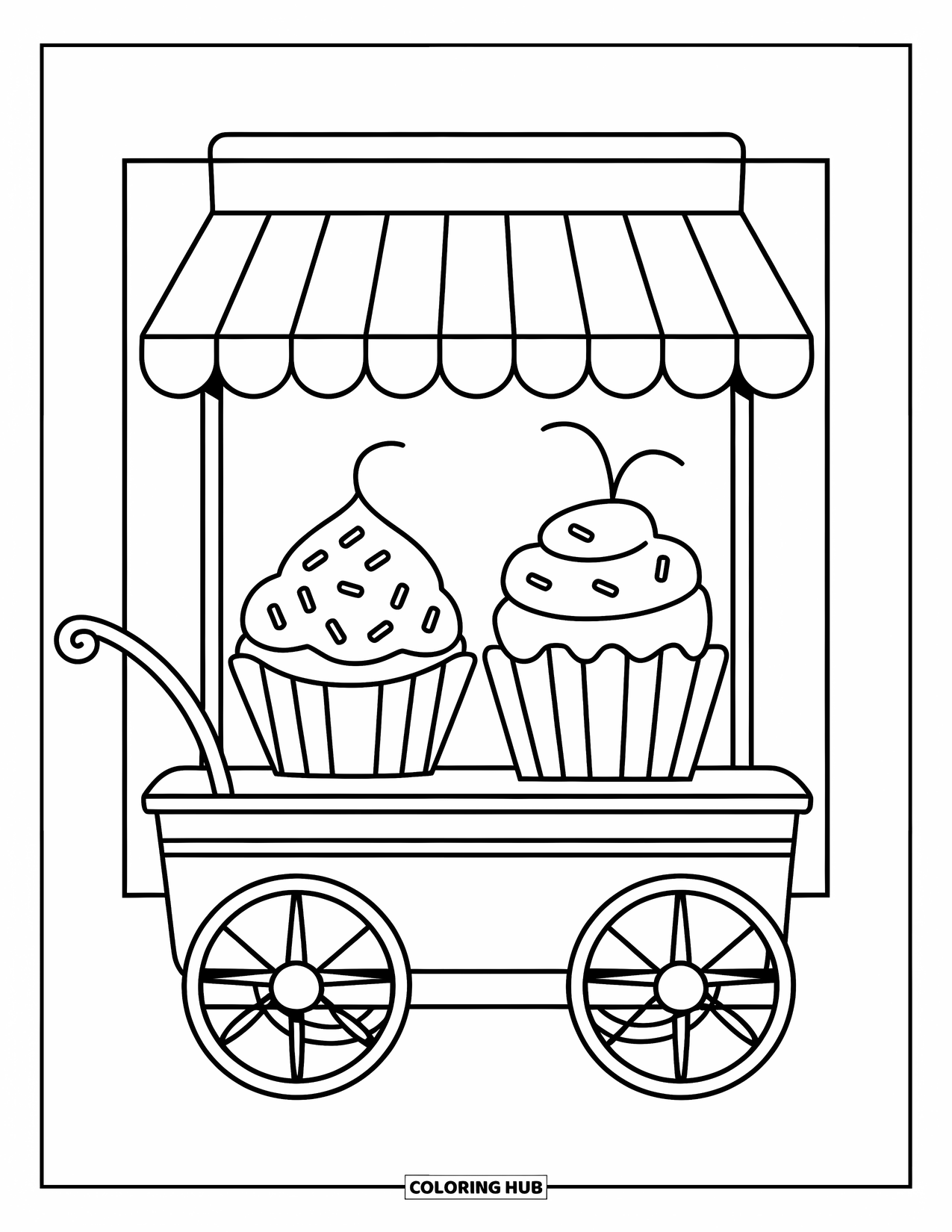 Cupcake Ausmalbild für Kinder: Ein süßer Cupcake-Wagen mit Rädern und zwei ausgestellten Cupcakes