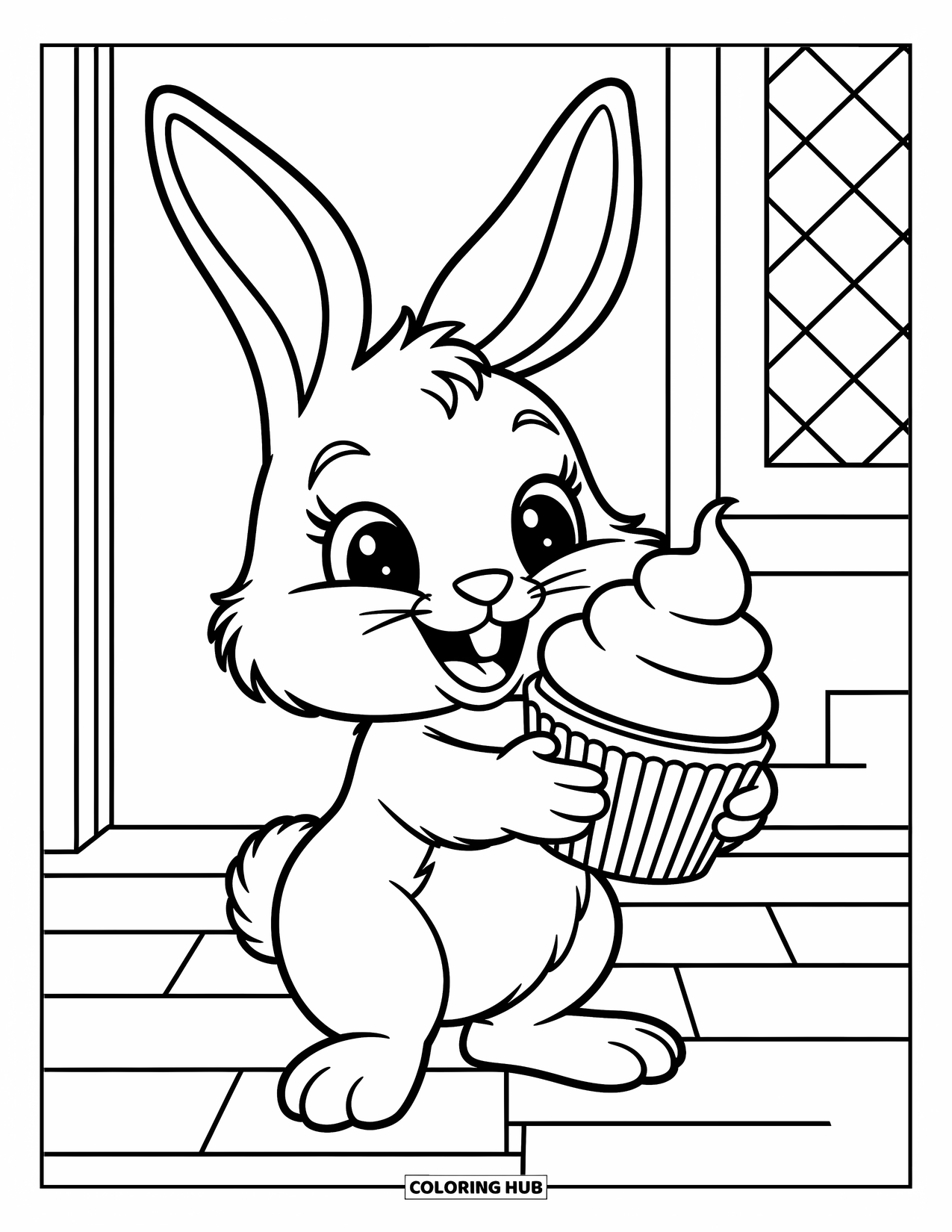 Cupcake Ausmalbild für Kinder: Ein flauschiger Hase, der einen Cupcake mit Streuseln hält